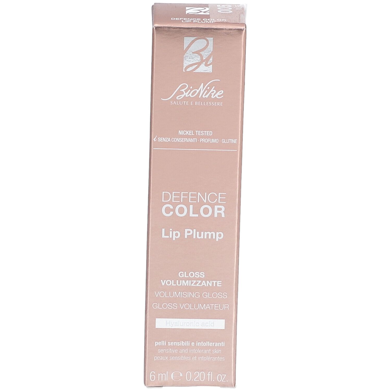 BioNike Lip Plump-Verpackung. Produktname, Volumenangabe: 6 ml / 0,20 fl. oz.