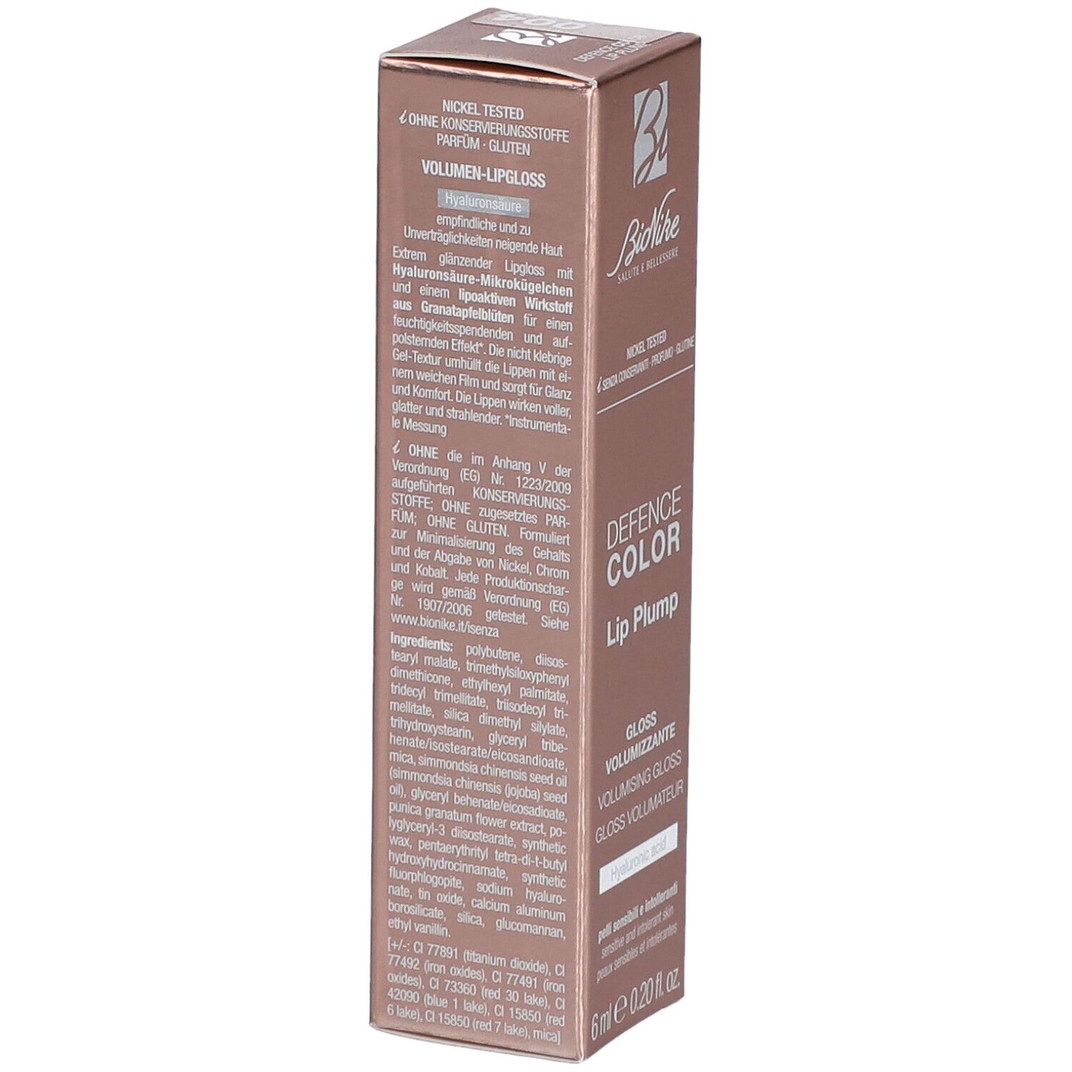 BioNike Defence Color Lip Plump Verpackung. Inhaltsstoffe und Produktinformationen. Nickel getestet. 6 ml.
