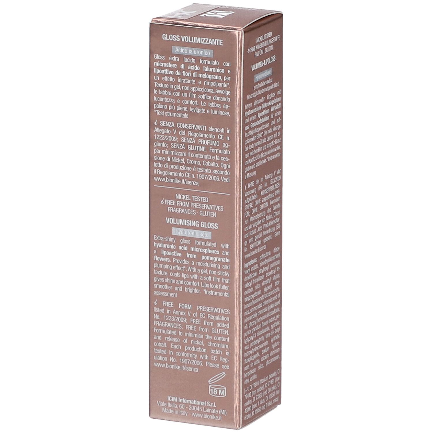 BioNike Defence Color Lip Plump Verpackung. Produktinformationen und Inhaltsstoffe. Nickel getestet. 6 ml.