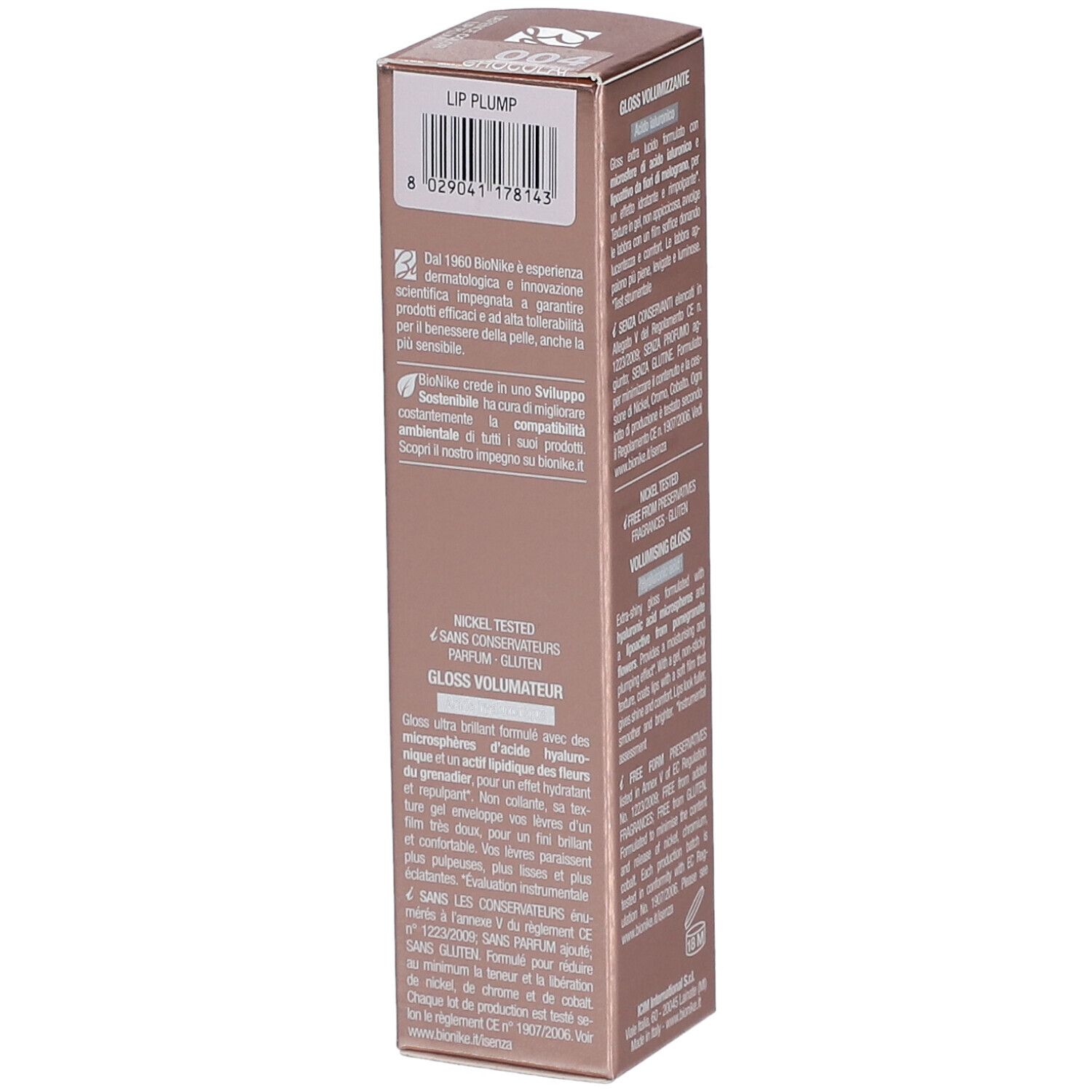 BioNike Defence Color Lip Plump Verpackung. Produktinformationen. Nickel getestet. 6 ml.