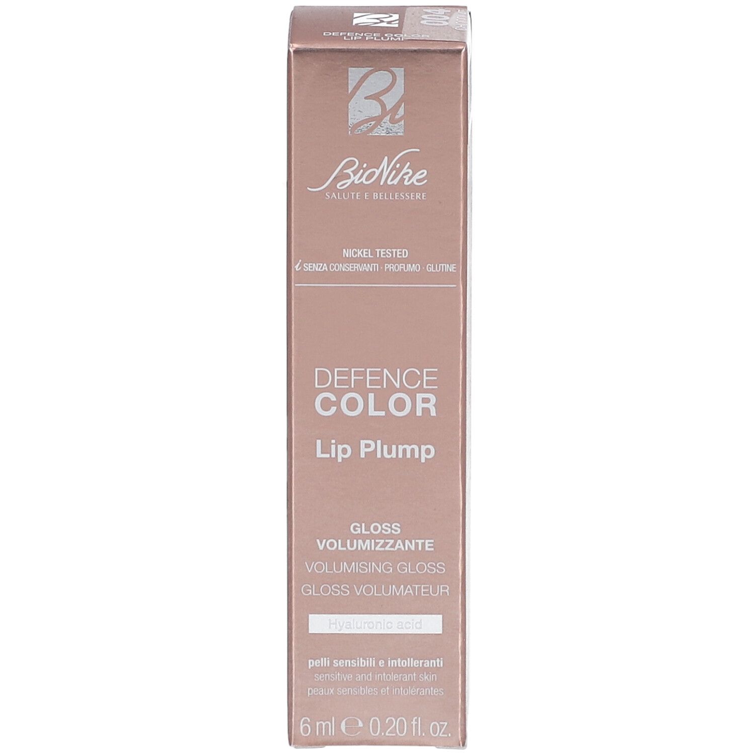 BioNike Defence Color Lip Plump Verpackung. Farbe Miel. 6 ml. Nickel getestet. Frei von Konservierungsstoffen, Parfum und Gluten.