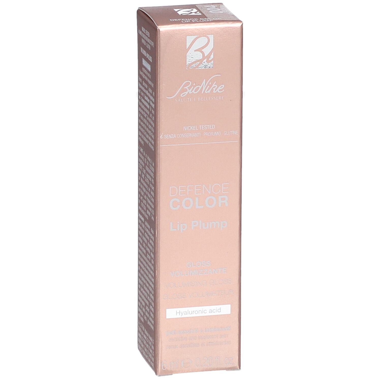 BioNike Defence Color Lip Plump Verpackung. Farbe Miel. 6 ml. Nickel getestet. Frei von Konservierungsstoffen, Parfum und Gluten.