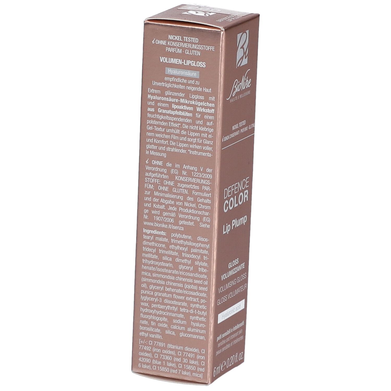 Kartonverpackung. Rückseite mit Text. Marke BioNike, 'DEFENCE COLOR Lip Plump'. Enthält keine Konservierungsstoffe, Parfüm, Gluten.