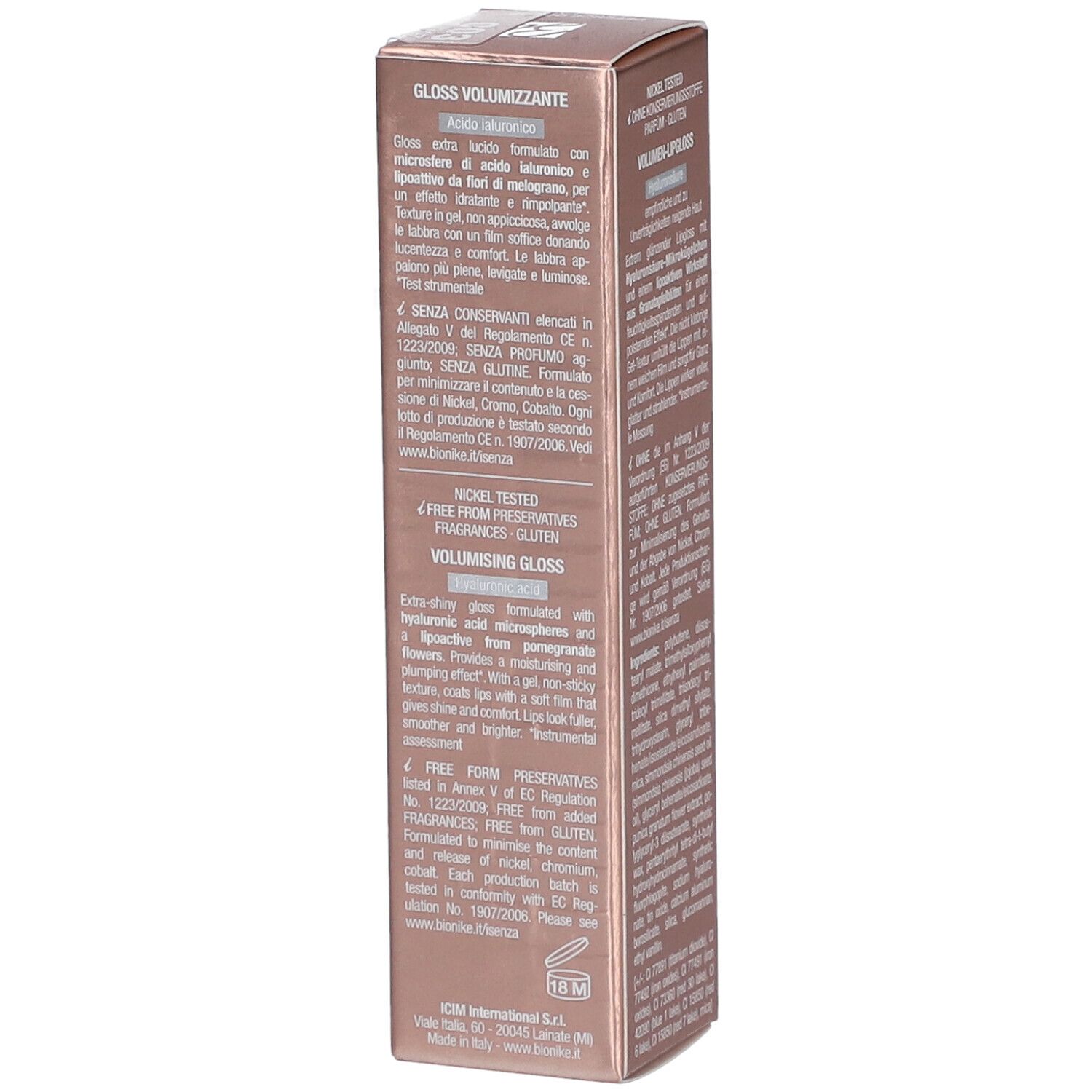 Kartonverpackung. Text auf der Rückseite. Marke BioNike, 'VOLUMISING GLOSS'. Enthält Hyaluronsäure und Granatapfel.