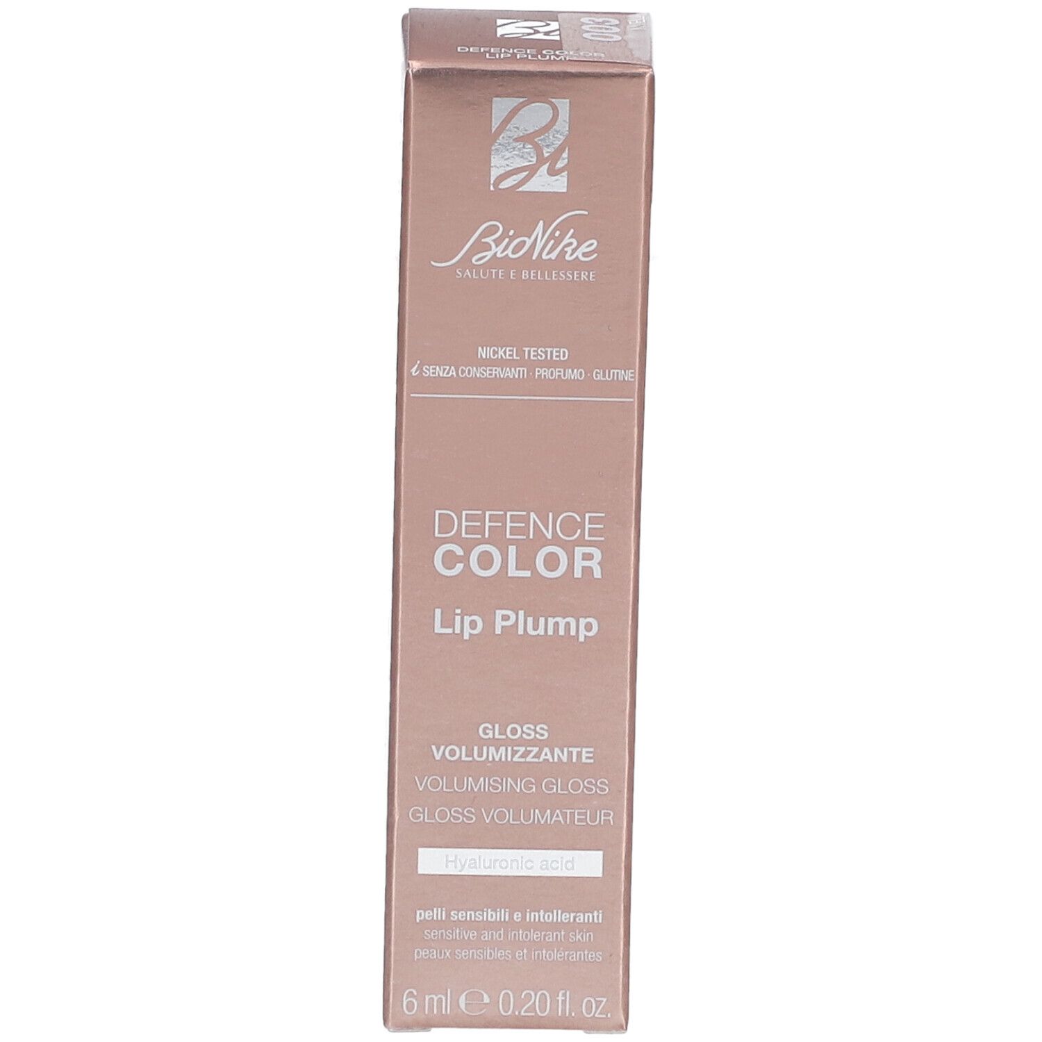 Kartonverpackung. Marke BioNike, Schriftzug 'DEFENCE COLOR Lip Plump'. Enthält Hyaluronsäure. 6 ml.