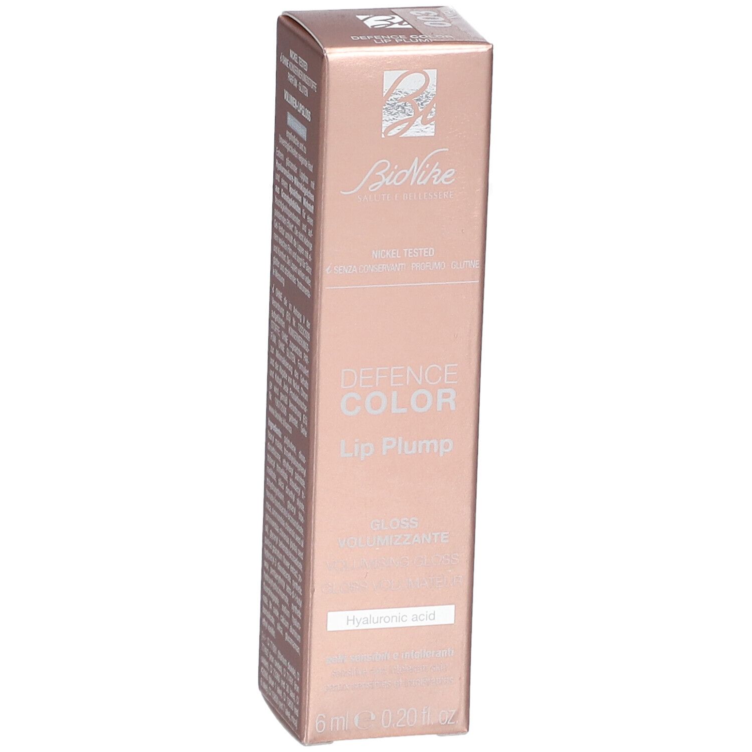 Kartonverpackung. Marke BioNike, Schriftzug 'DEFENCE COLOR Lip Plump'. Enthält Hyaluronsäure. 6 ml.