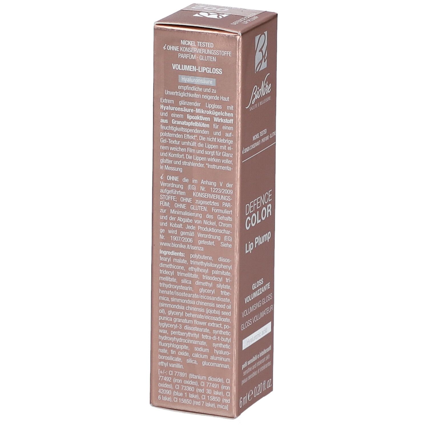 BioNike Defence Color Lip Plump Verpackung. Text auf Deutsch. Volumen-Lipgloss, 005 Mure. Nickel Tested, ohne Konservierungsstoffe, Parfum, Gluten.