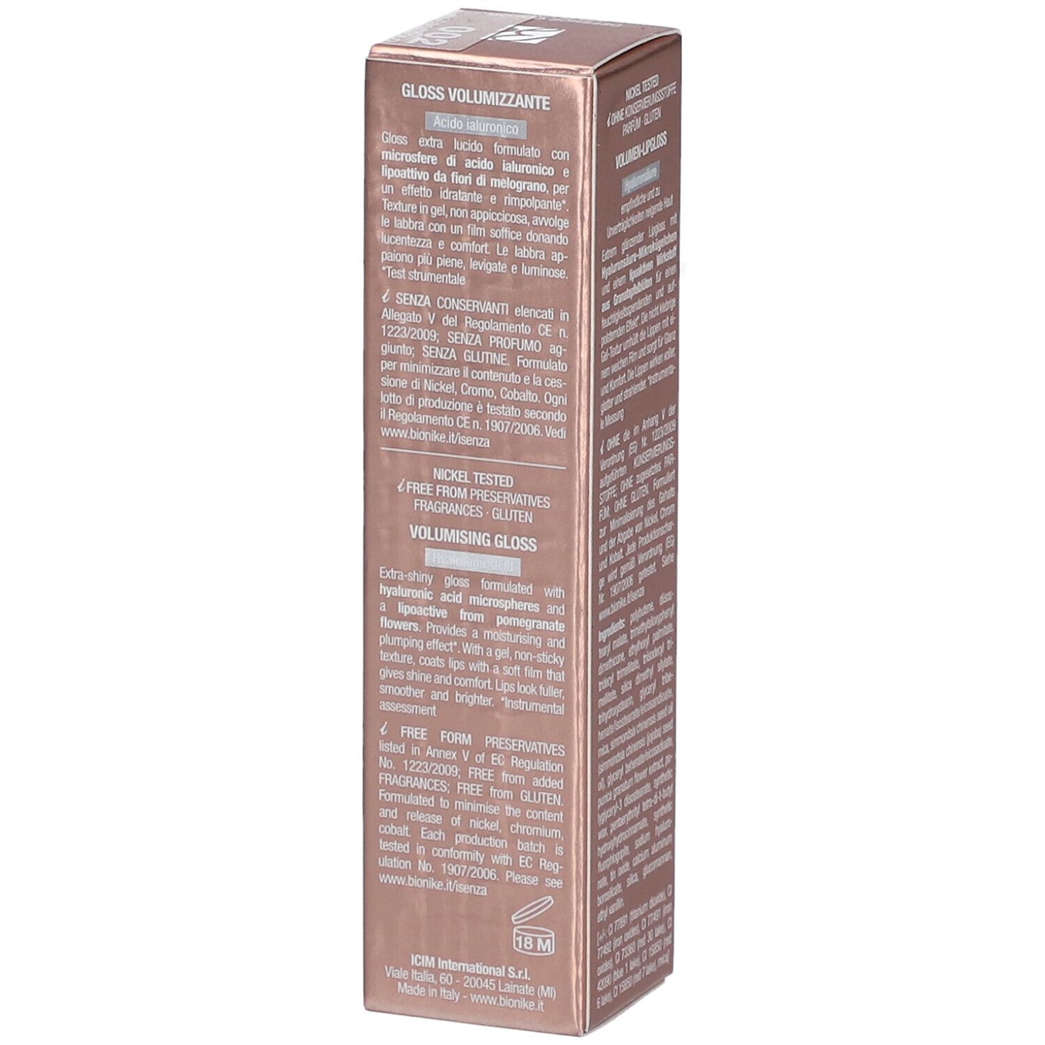 BioNike Defence Color Lip Plump Verpackung. Text auf Italienisch. Volumen-Gloss, 005 Mure. Nickel Tested, ohne Konservierungsstoffe, Parfum, Gluten.