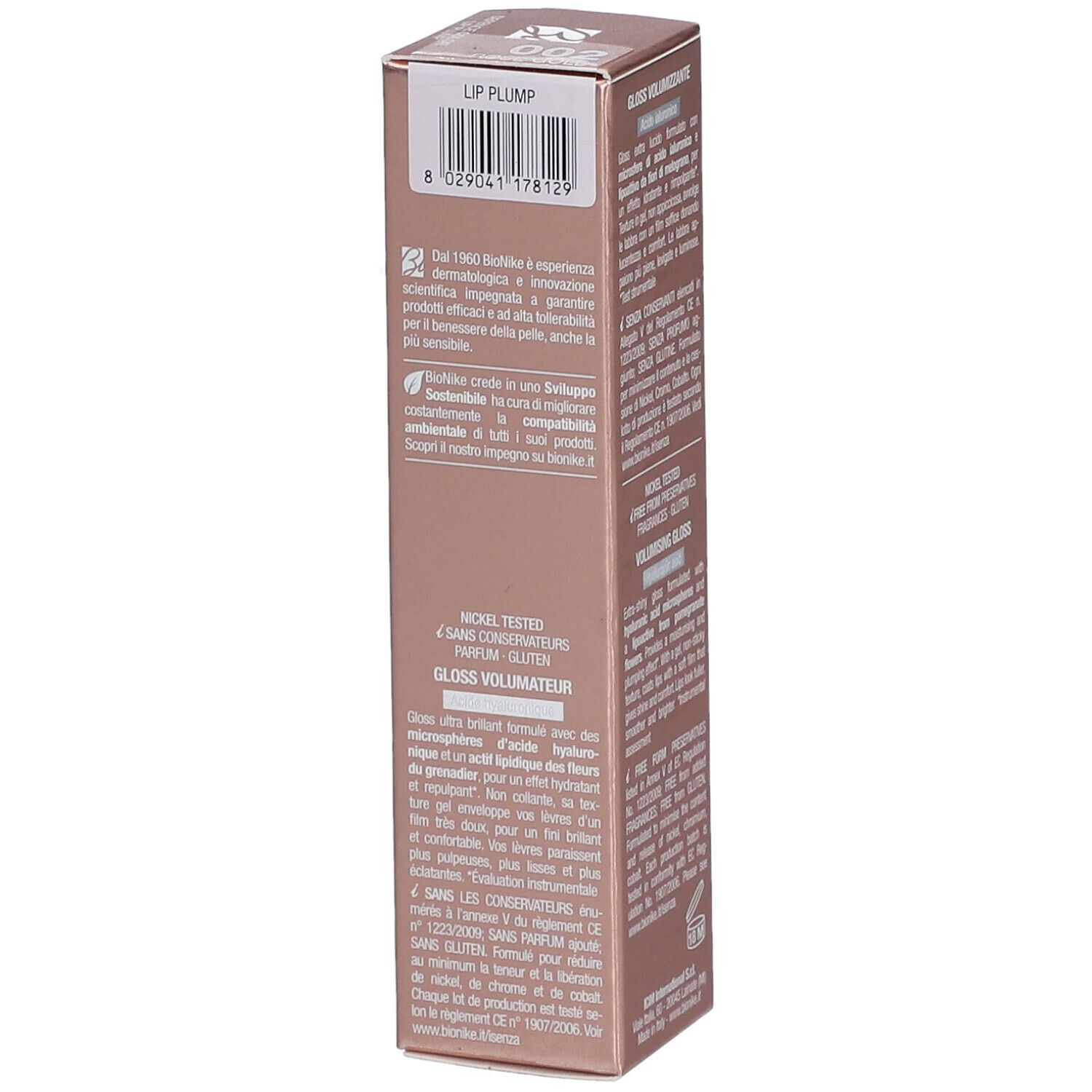 BioNike Defence Color Lip Plump Verpackung. Text auf Italienisch. Volumen-Gloss, 005 Mure. Nickel Tested, ohne Konservierungsstoffe, Parfum, Gluten.