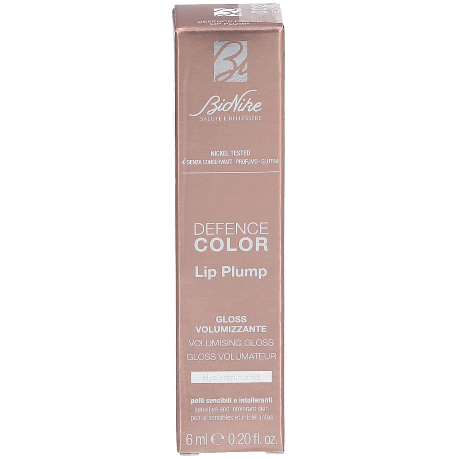 BioNike Defence Color Lip Plump Verpackung. Volumen-Gloss, 005 Mure. Nickel Tested, ohne Konservierungsstoffe, Parfum, Gluten. 6 ml.