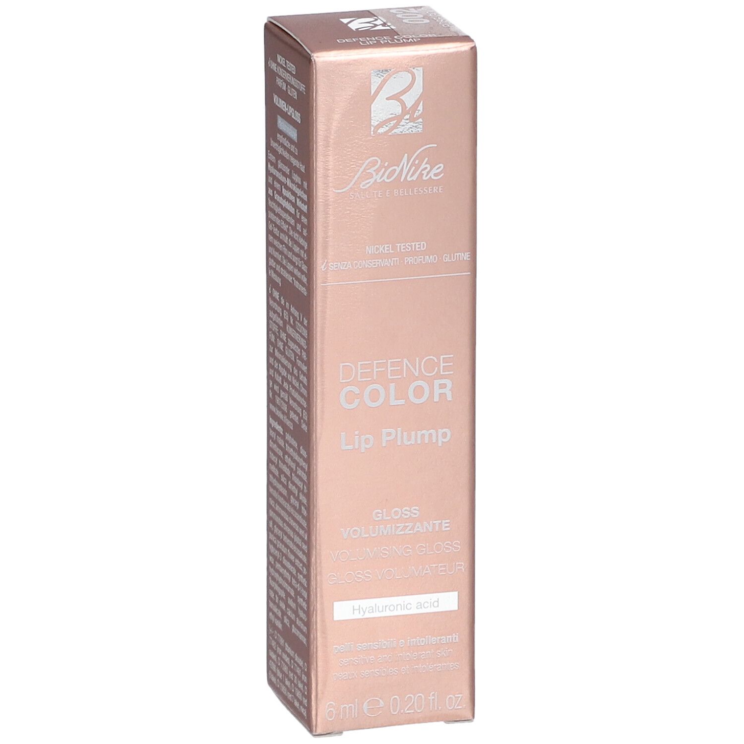 BioNike Defence Color Lip Plump Verpackung. Volumen-Gloss, 005 Mure. Nickel Tested, ohne Konservierungsstoffe, Parfum, Gluten. 6 ml.