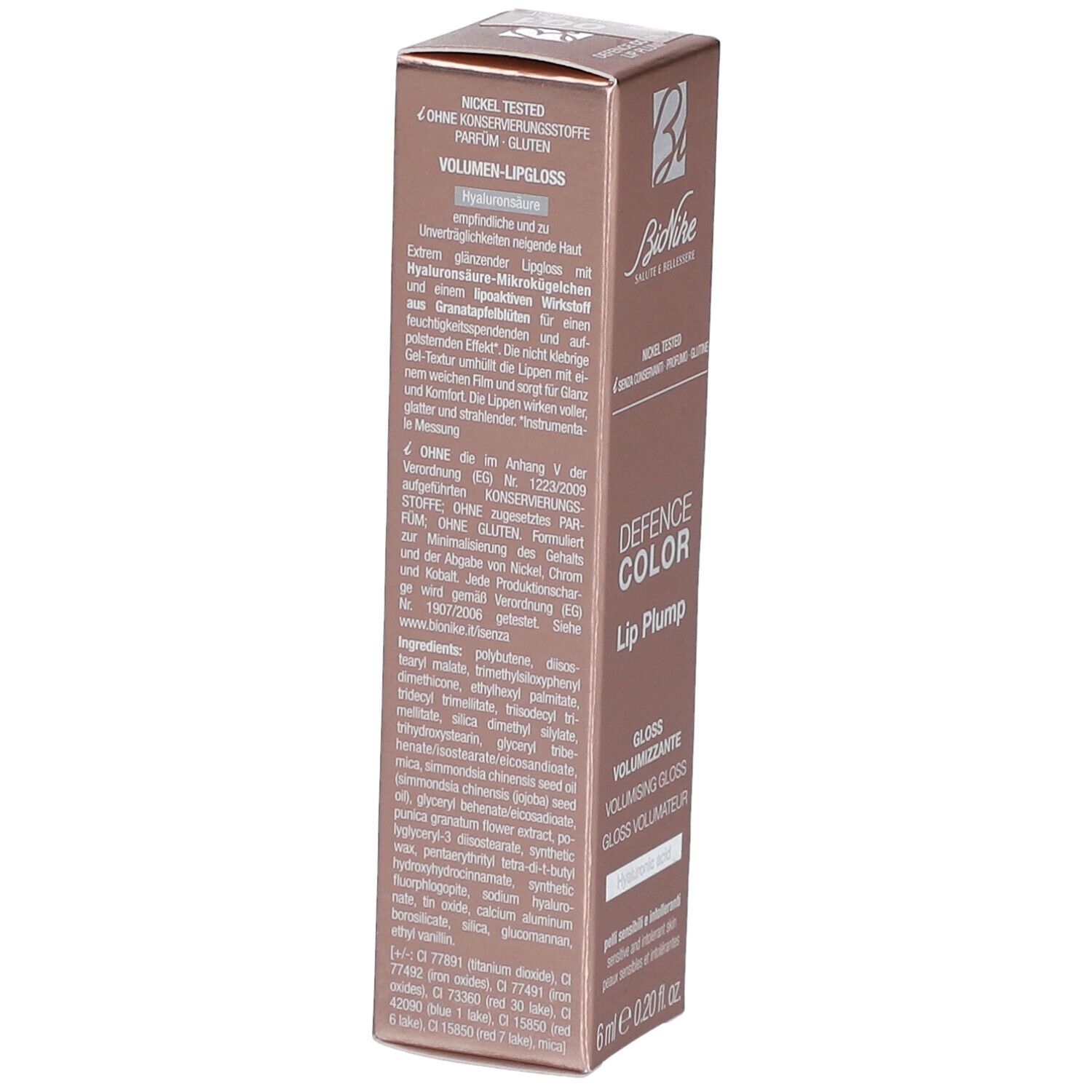 Rückseite der BioNike Lip Plump-Verpackung. Text in Deutsch. Enthält Inhaltsstoffe und Produktinformationen. Nickel getestet.