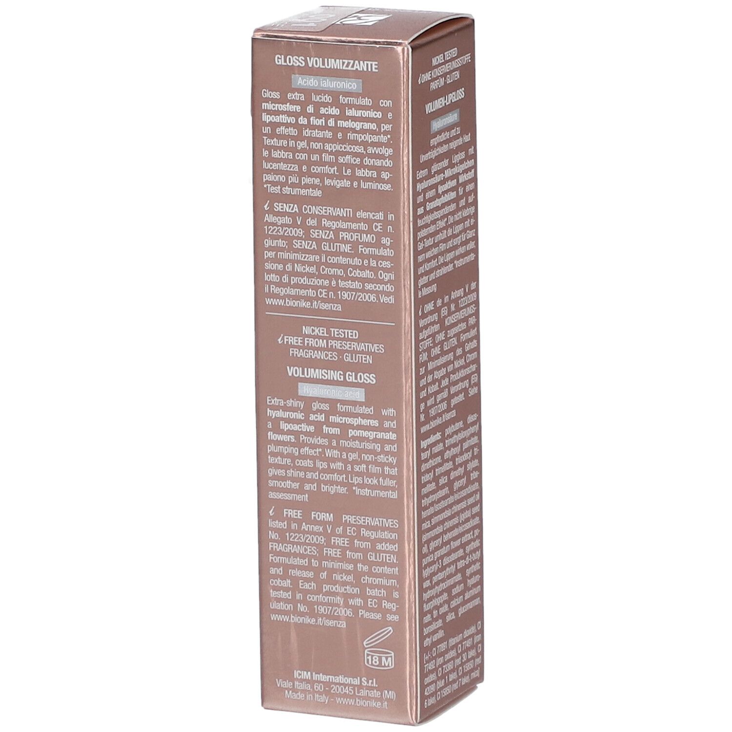 Seite der BioNike Lip Plump-Verpackung. Text in Deutsch. Enthält Produktinformationen. Nickel getestet. 6 ml.