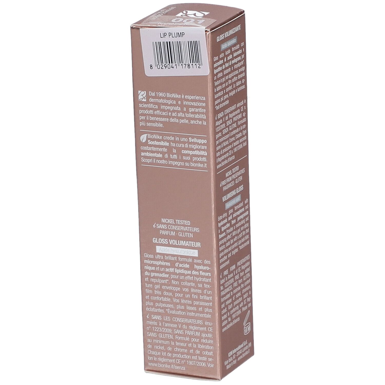 Seite der BioNike Lip Plump-Verpackung. Text in Deutsch. Enthält Produktinformationen. Nickel getestet. 6 ml.
