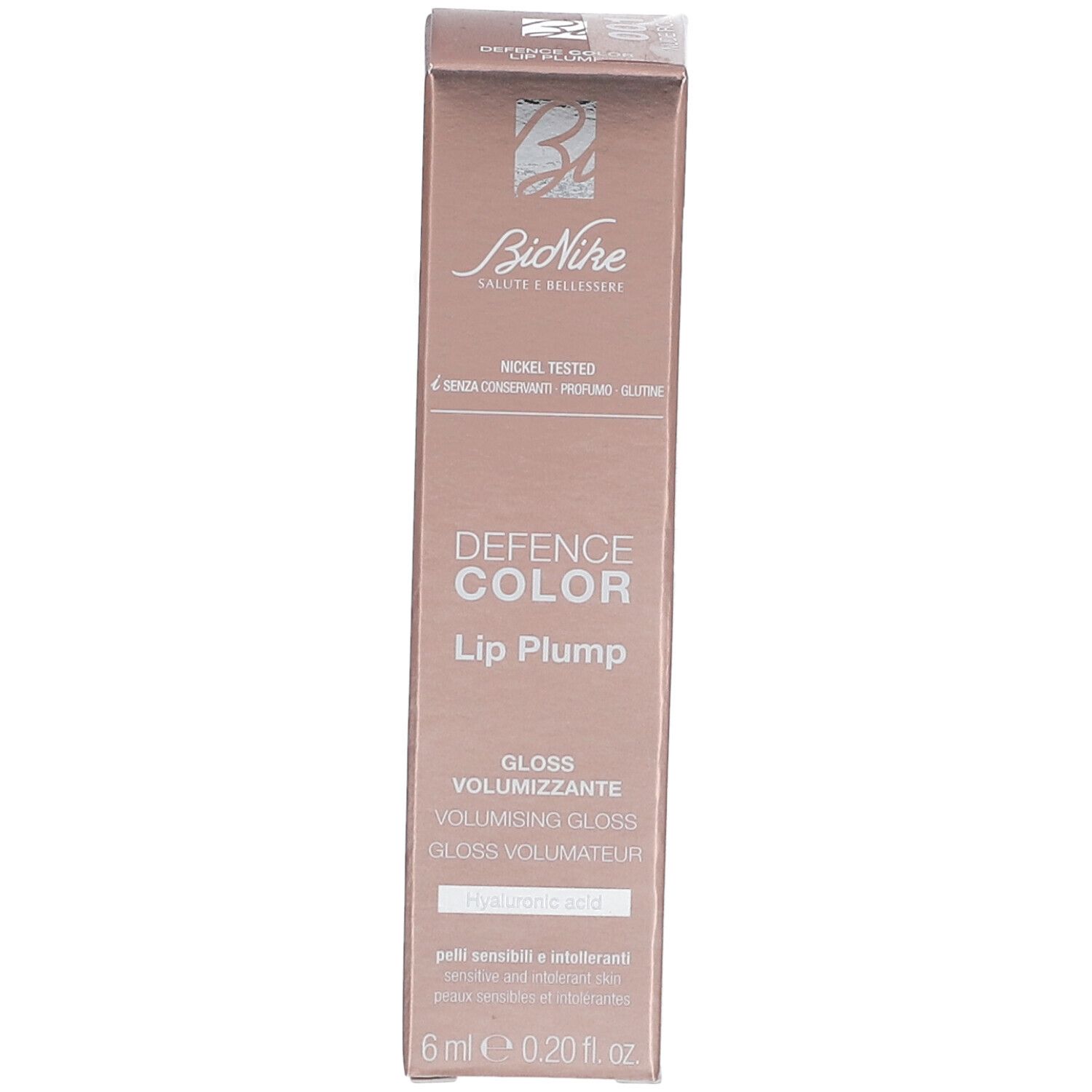 BioNike Lip Plump-Verpackung. Rosa-goldene Schachtel mit Produktnamen und Logo. Enthält 6 ml. Nickel getestet.
