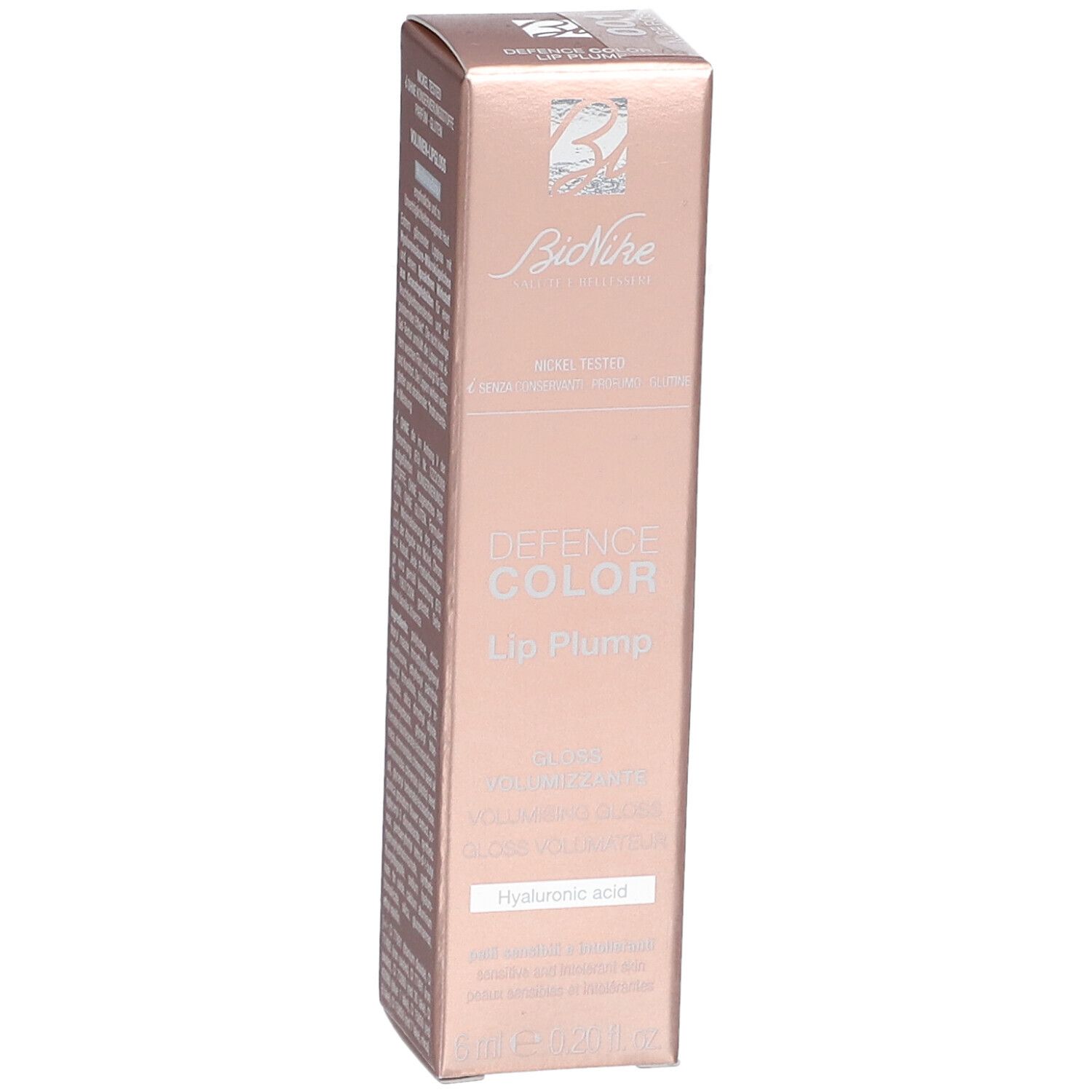 BioNike Lip Plump-Verpackung. Rosa-goldene Schachtel mit Produktnamen und Logo. Enthält 6 ml. Nickel getestet.