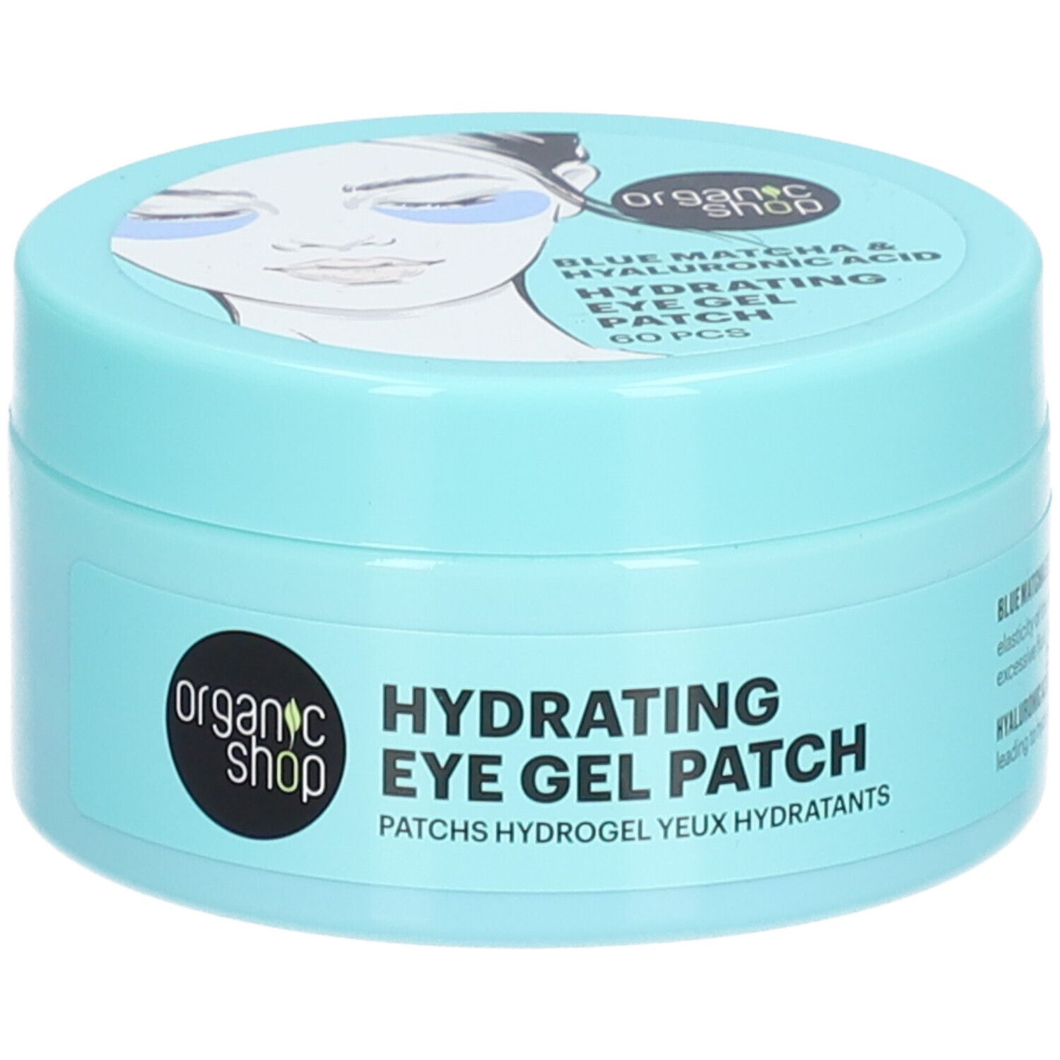 Lichtblauwe pot met deksel. Opschrift: Organic Shop, Hydrating Eye Gel Patch. Op de deksel: afbeelding van een gezicht met oogpads.