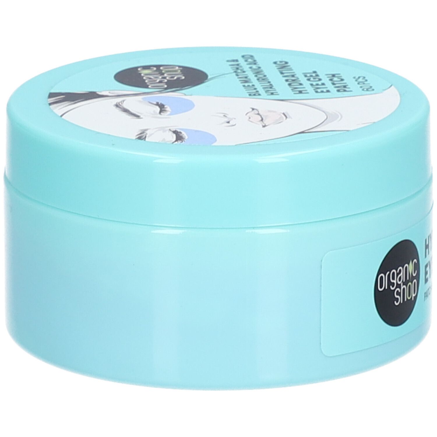 Lichtblauwe pot met deksel. Opschrift: Organic Shop. Op de deksel: afbeelding van een gezicht met oogpads. Zijkant: opschrift.
