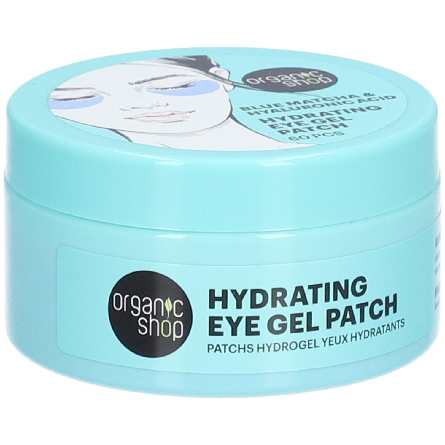 Lichtblauwe pot met deksel. Opschrift: Organic Shop, Hydrating Eye Gel Patch. Op de deksel: afbeelding van een gezicht met oogpads.
