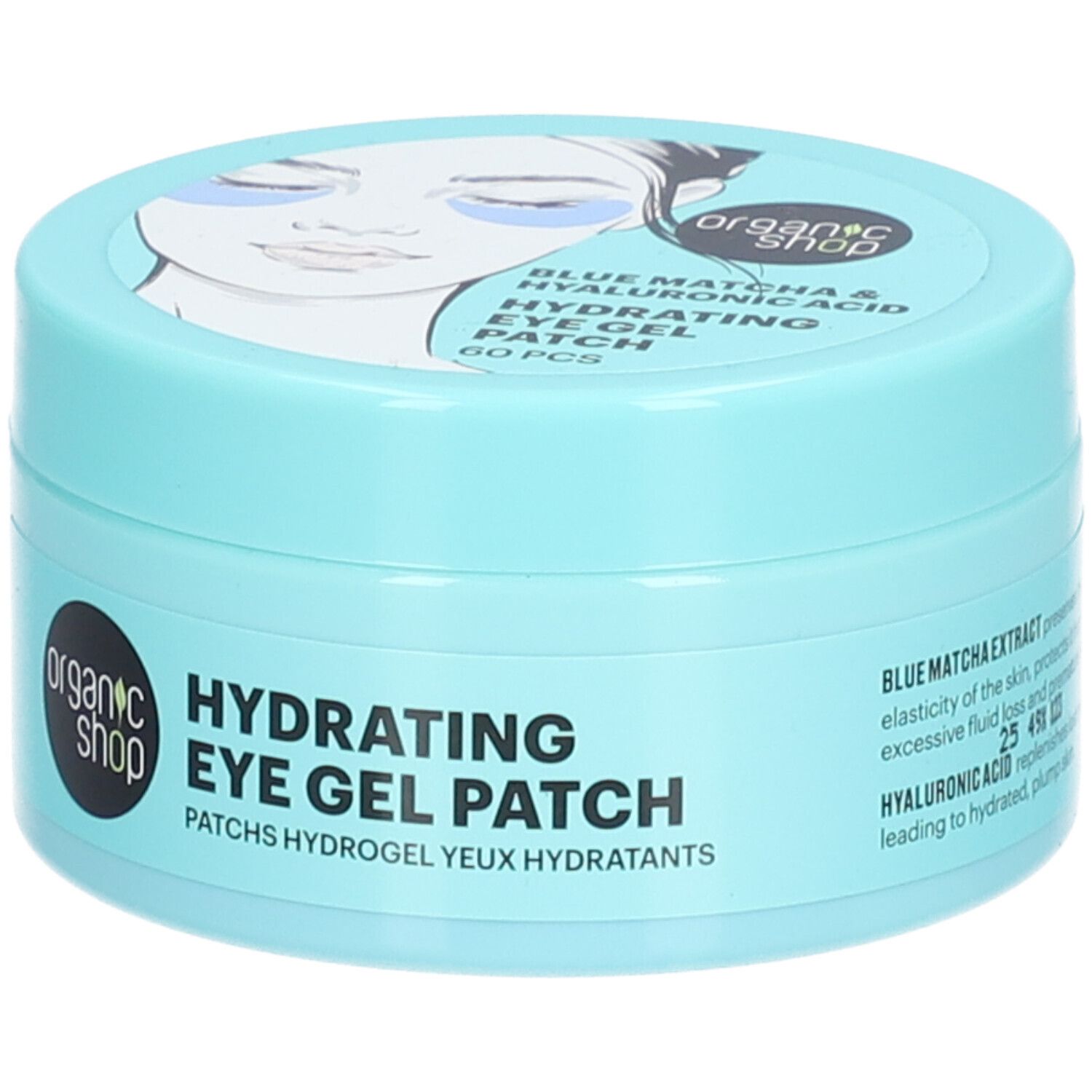 Lichtblauwe pot met deksel. Opschrift: Organic Shop, Hydrating Eye Gel Patch. Op de deksel: afbeelding van een gezicht met oogpads. Zijkant: tekst.