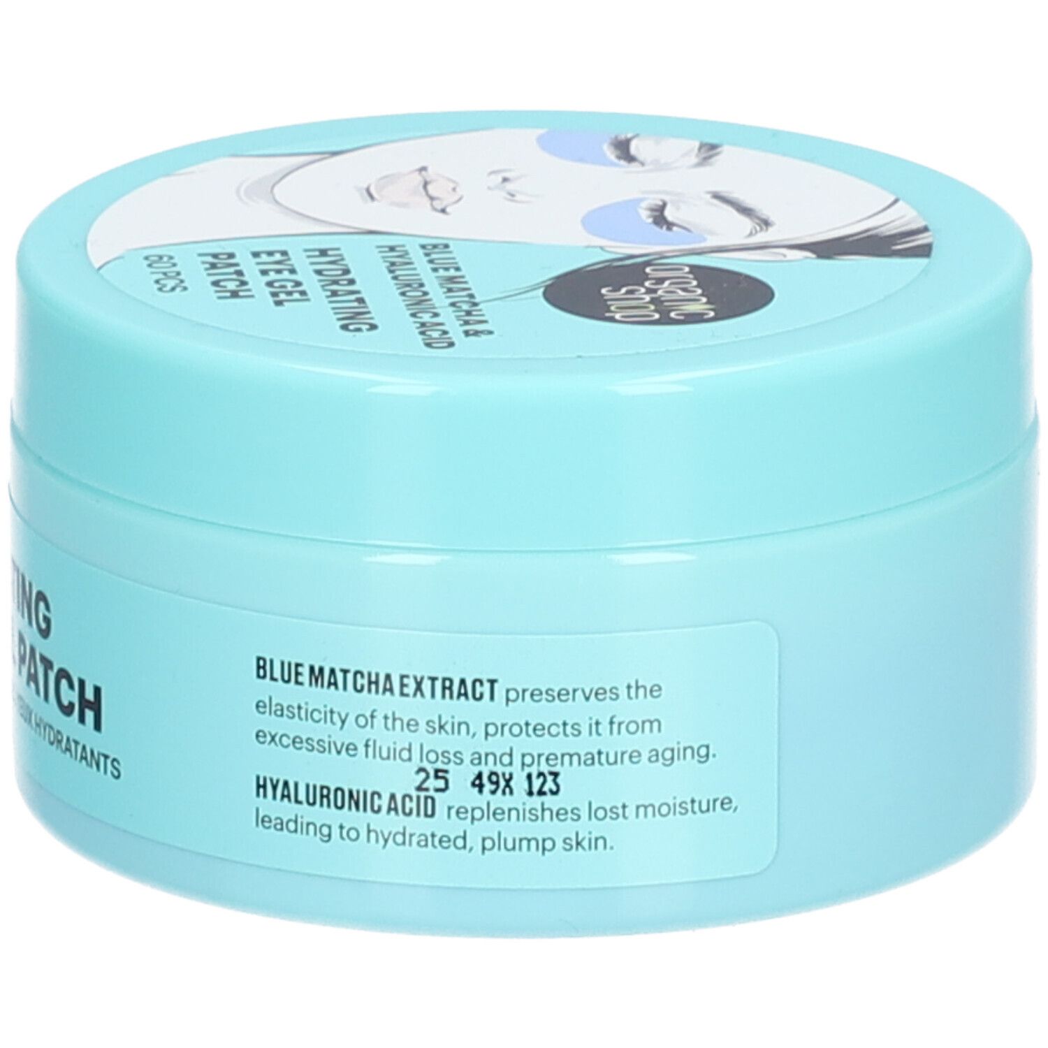 Lichtblauwe pot met deksel. Opschrift: Organic Shop, Hydrating Eye Gel Patch. Op de deksel: afbeelding van een gezicht met oogpads. Achterkant: tekst.