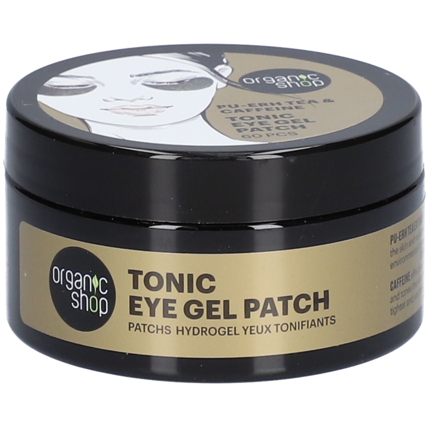 Pot noir avec étiquette dorée. Inscription: Organic Shop, Tonic Eye Gel Patch. Couvercle avec illustration et texte.