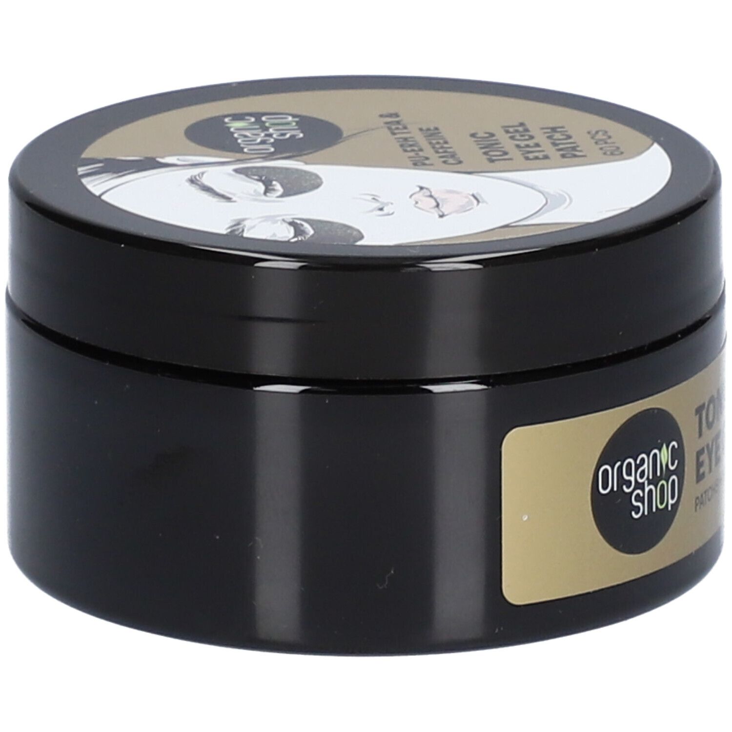 Pot noir avec étiquette dorée. Inscription: Organic Shop, Tonic Eye Gel Patch. Couvercle avec illustration et texte.
