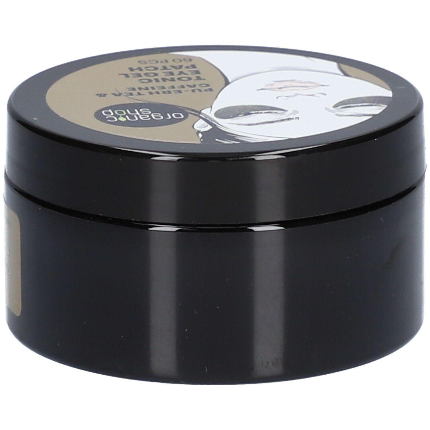 Pot noir avec étiquette dorée. Inscription: Organic Shop, Tonic Eye Gel Patch. Couvercle avec illustration et texte.