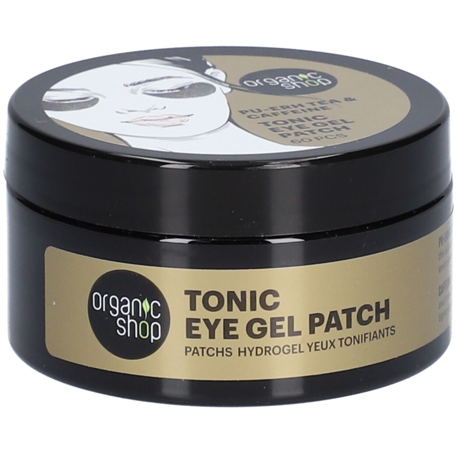 Pot noir avec étiquette dorée. Inscription: Organic Shop, Tonic Eye Gel Patch. Couvercle avec illustration et texte.