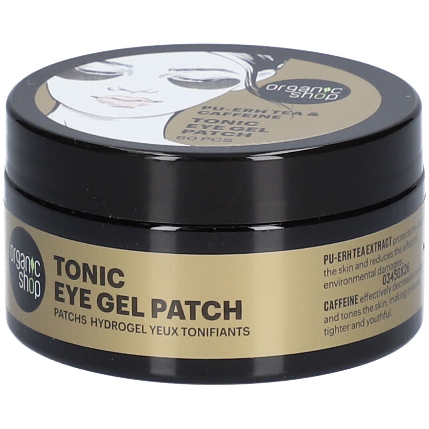 Pot noir avec étiquette dorée. Inscription: Organic Shop, Tonic Eye Gel Patch. Couvercle avec illustration et texte.