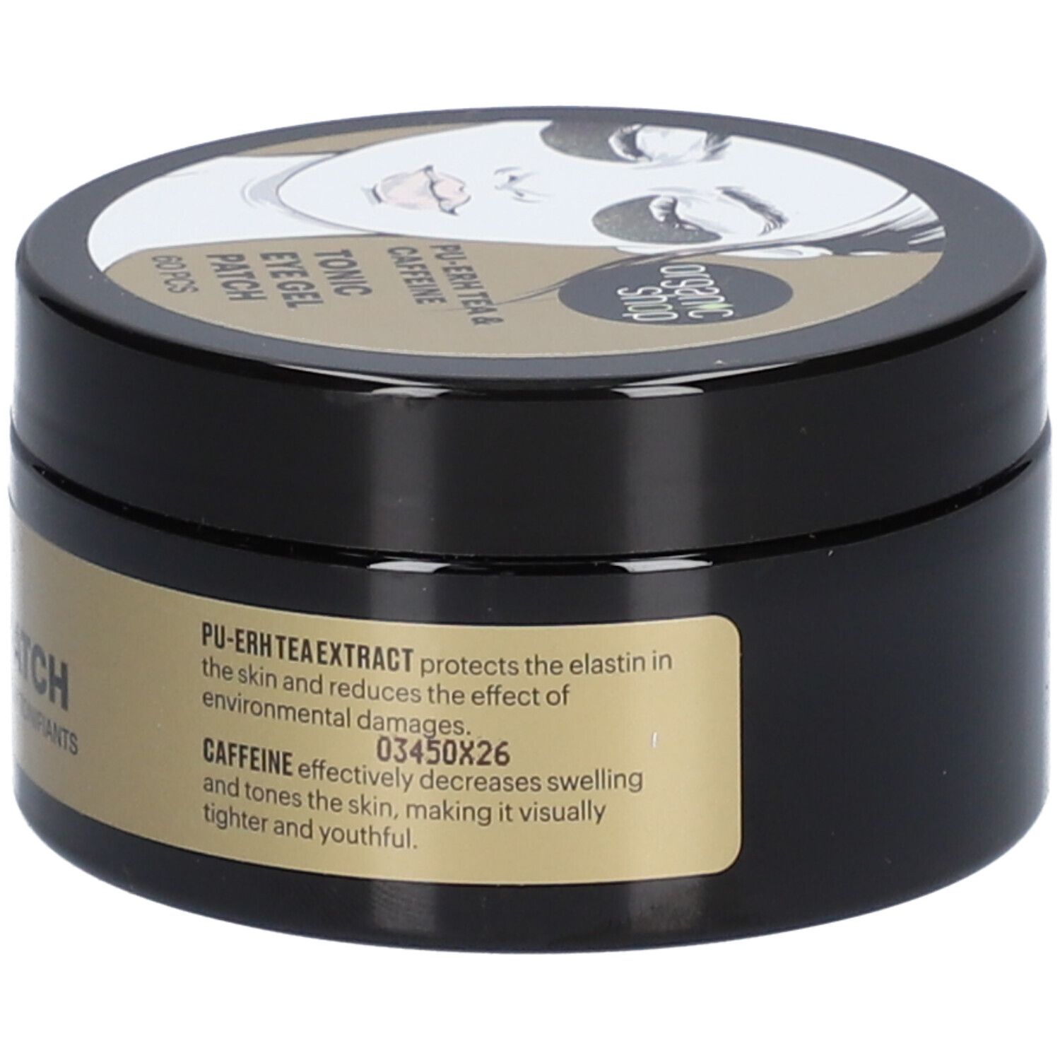 Pot noir avec étiquette dorée. Inscription: Organic Shop, Tonic Eye Gel Patch. Couvercle avec illustration et texte.