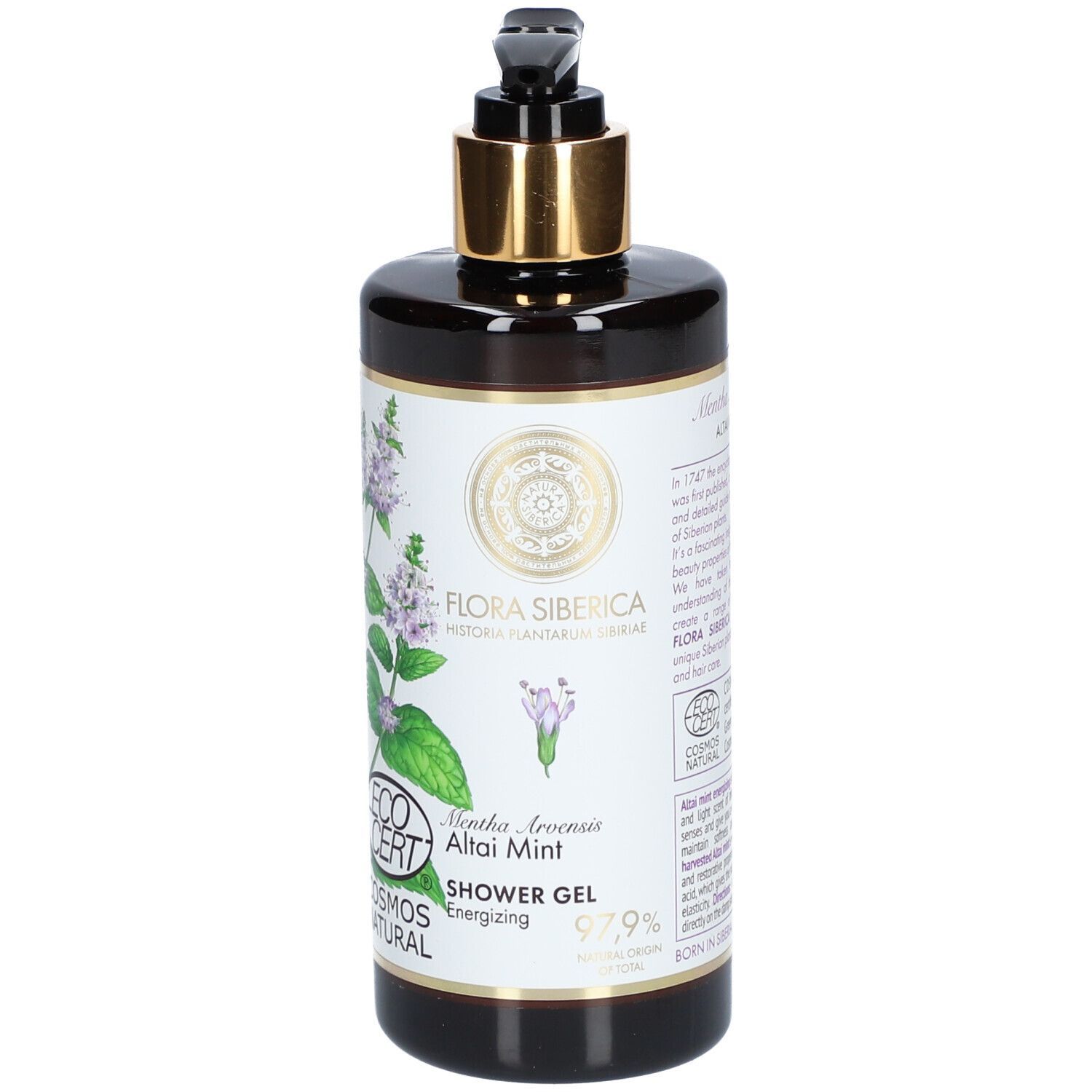 Flacon marron avec pompe noire et bague dorée. Étiquette avec motif floral et texte : "Flora Siberica", "Shower Gel".