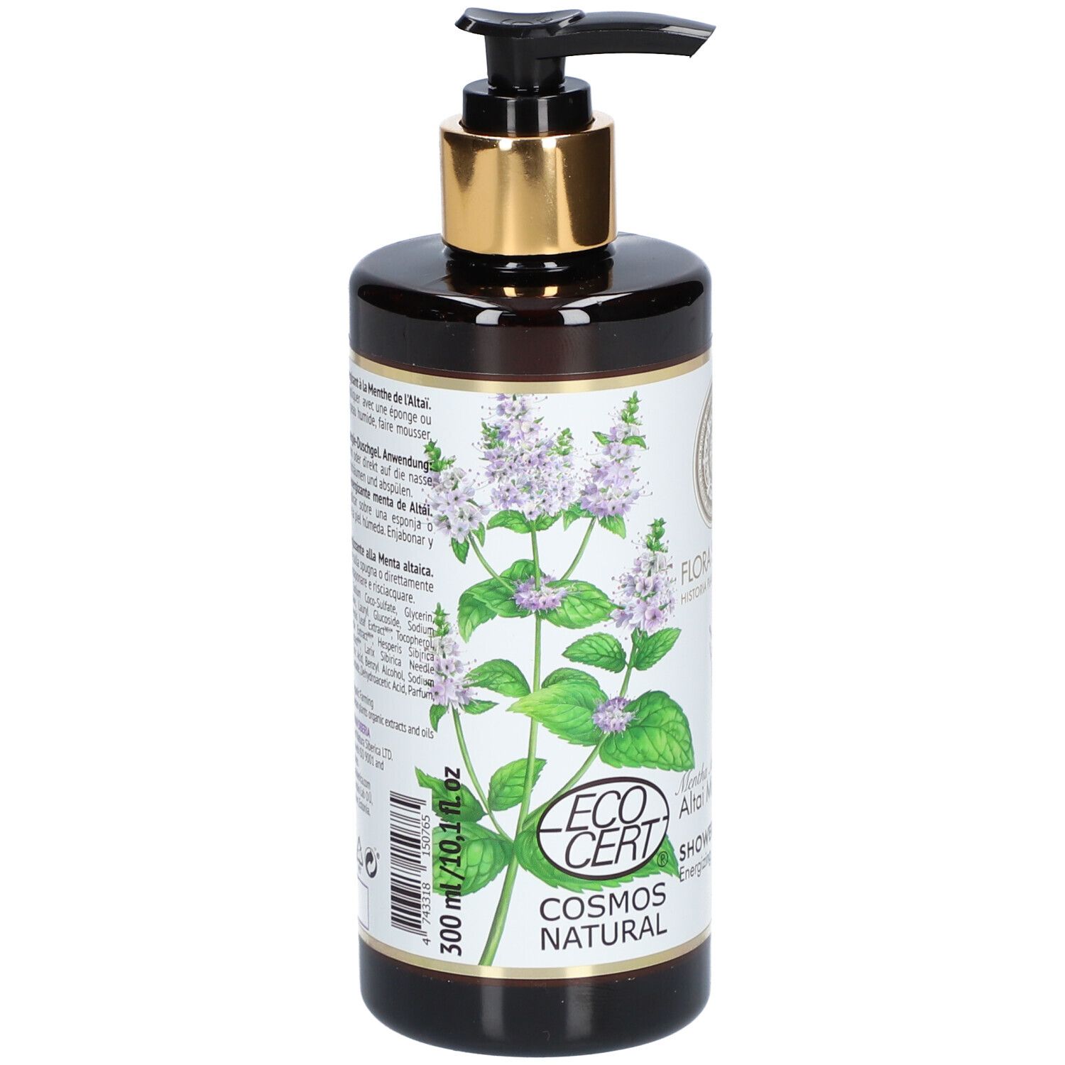 Flacon marron avec pompe noire. Étiquette avec motif floral, texte : "Flora Siberica", "Shower Gel", et "500 ml".