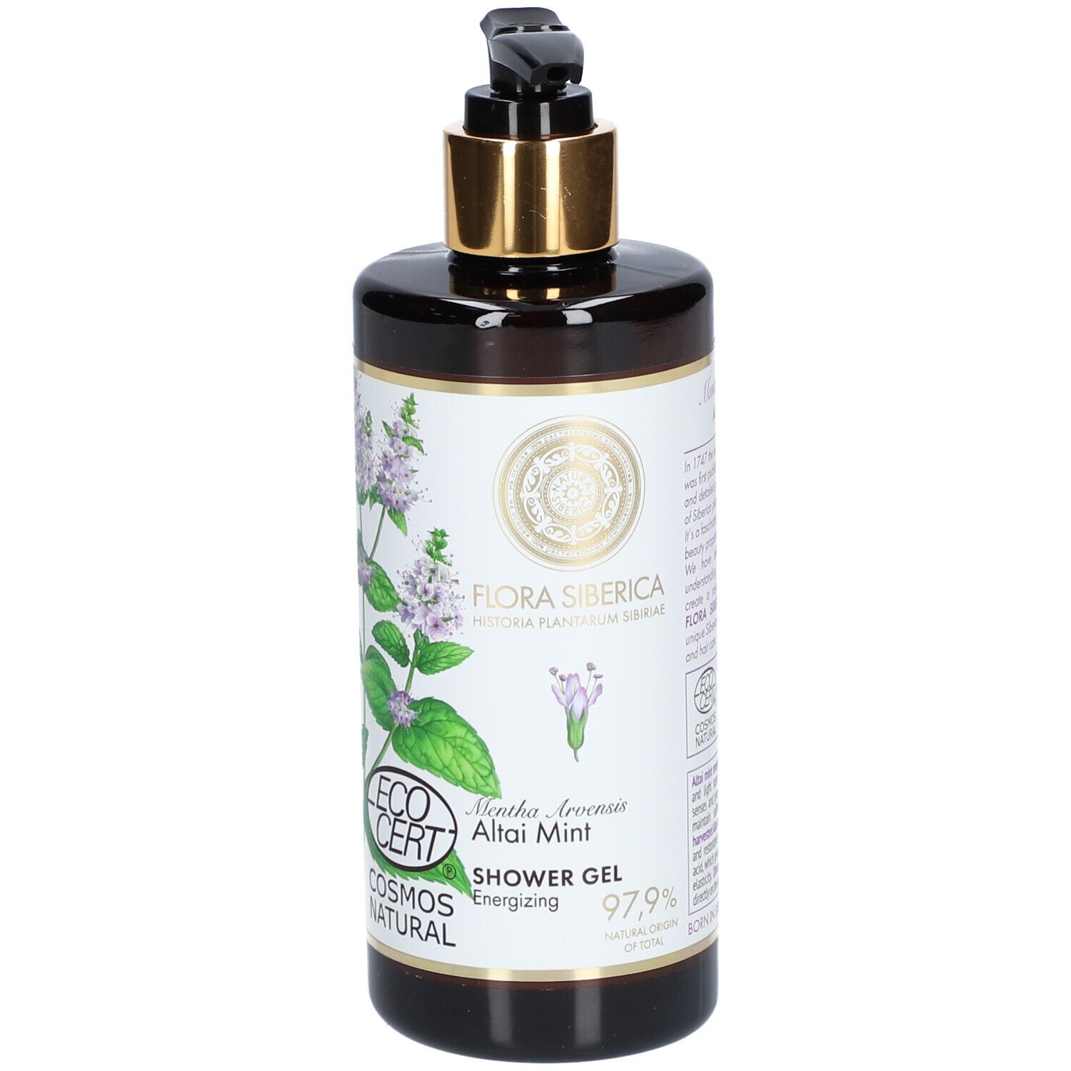 Flacon marron avec pompe noire et bague dorée. Étiquette avec motif floral et texte : "Flora Siberica", "Shower Gel".