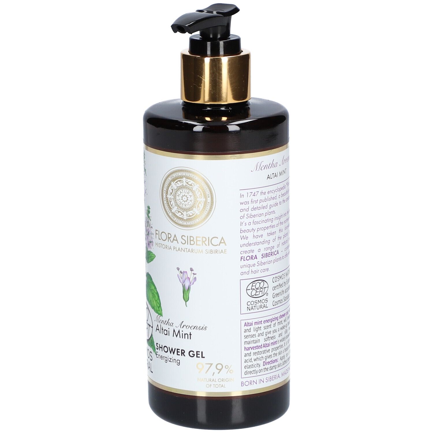 Flacon marron avec pompe noire. Étiquette avec motif floral, texte : "Flora Siberica", "Shower Gel", et certification "Cosmos Natural".