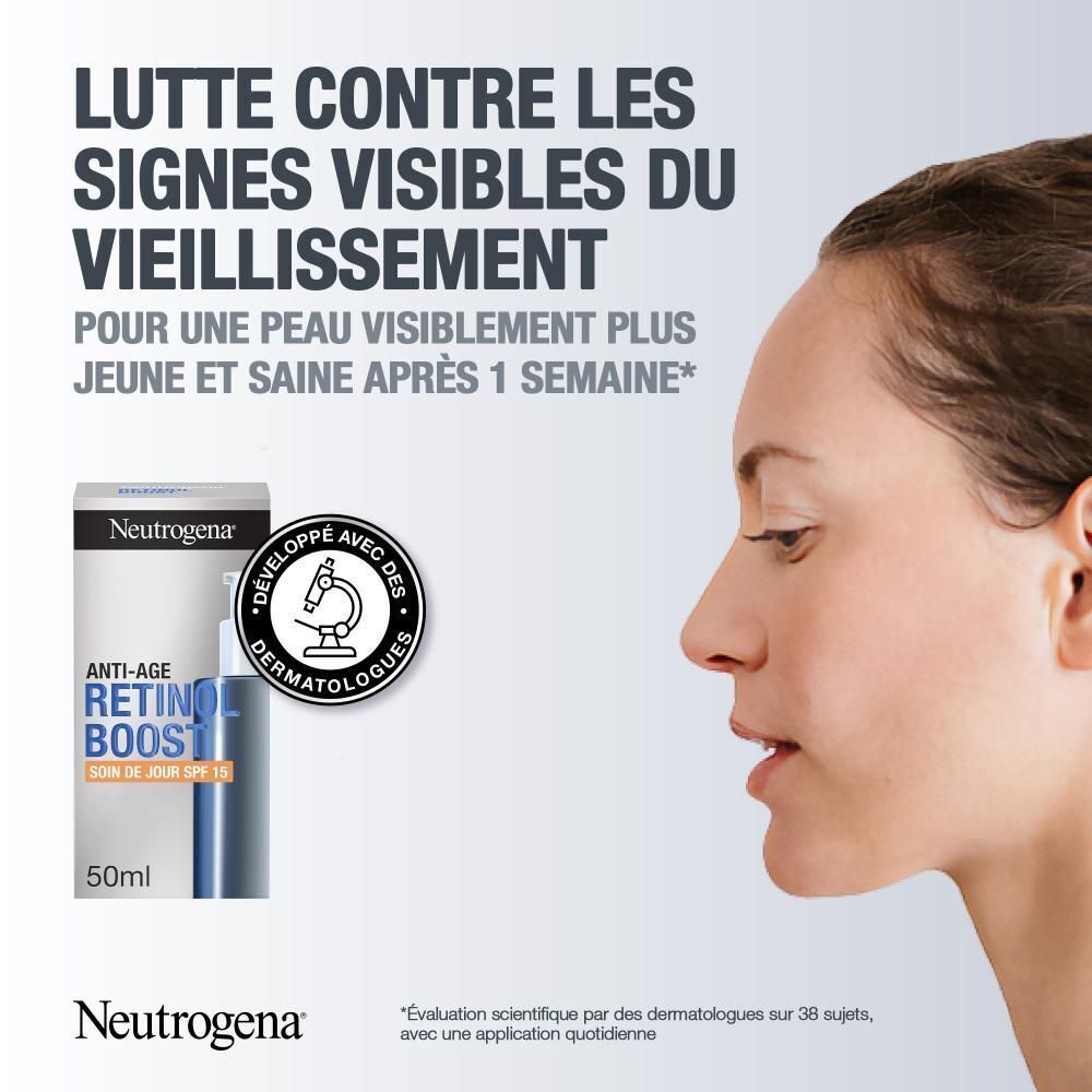 Neutrogena Retinol Boost Crème de Jour SPF15. Emballage avec texte.