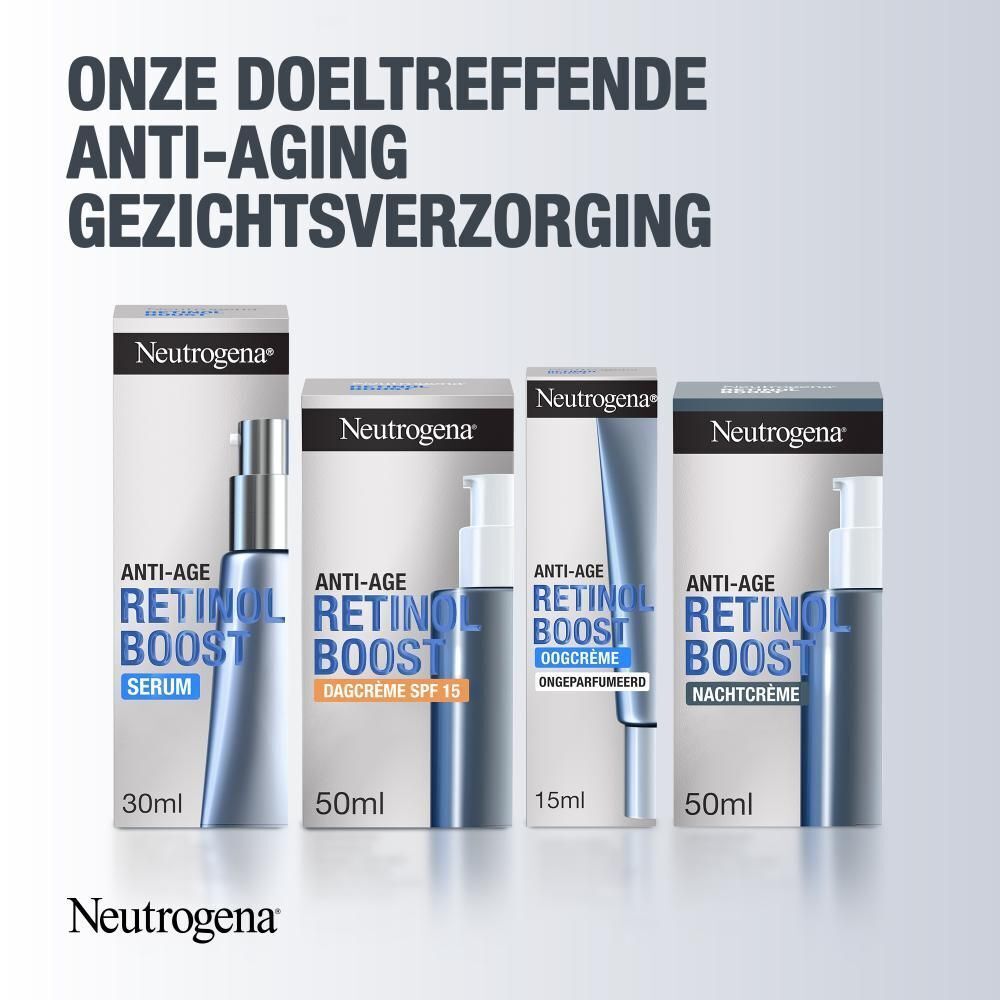 Neutrogena Retinol Boost. Productlijn. Serum, dagcrème, oogcrème, nachtcrème.