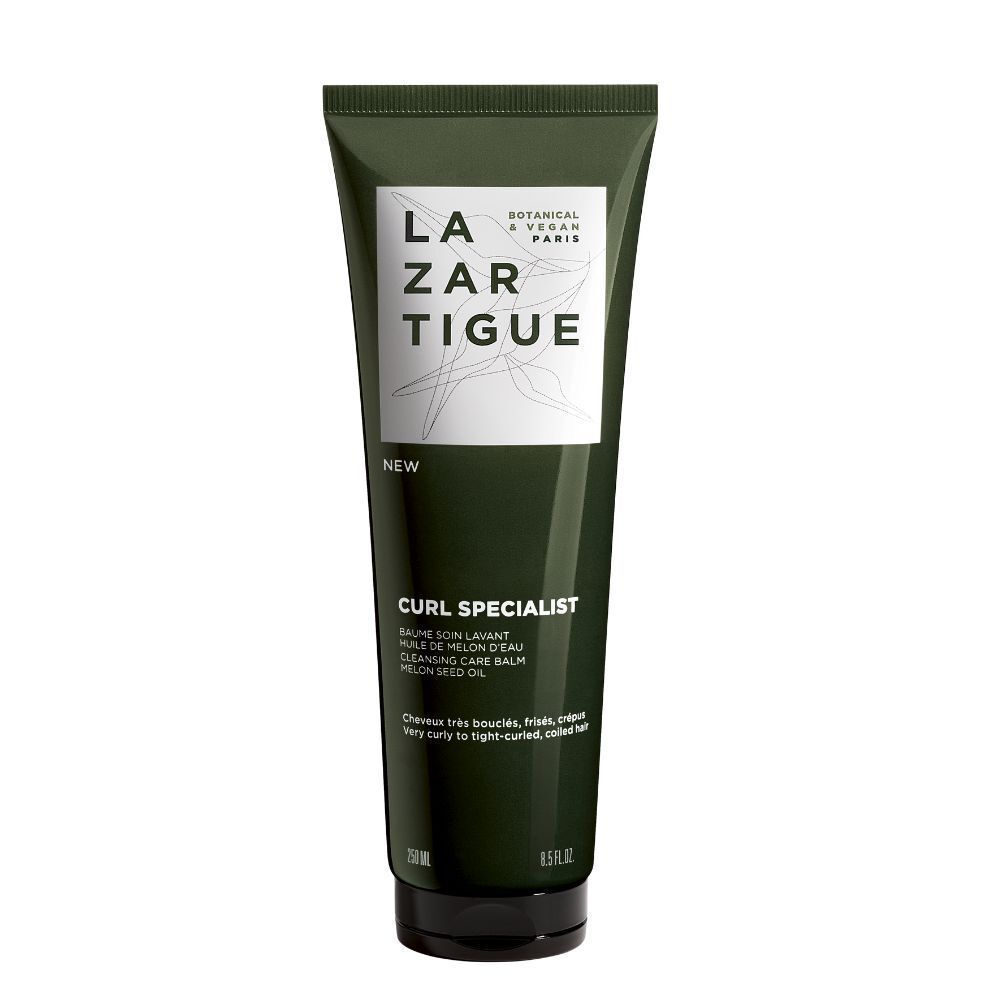 Tube vert avec texte blanc. "LAZARTIGUE" et "CURL SPECIALIST" sont visibles. "NEW" et "250 ml" sont également présents.