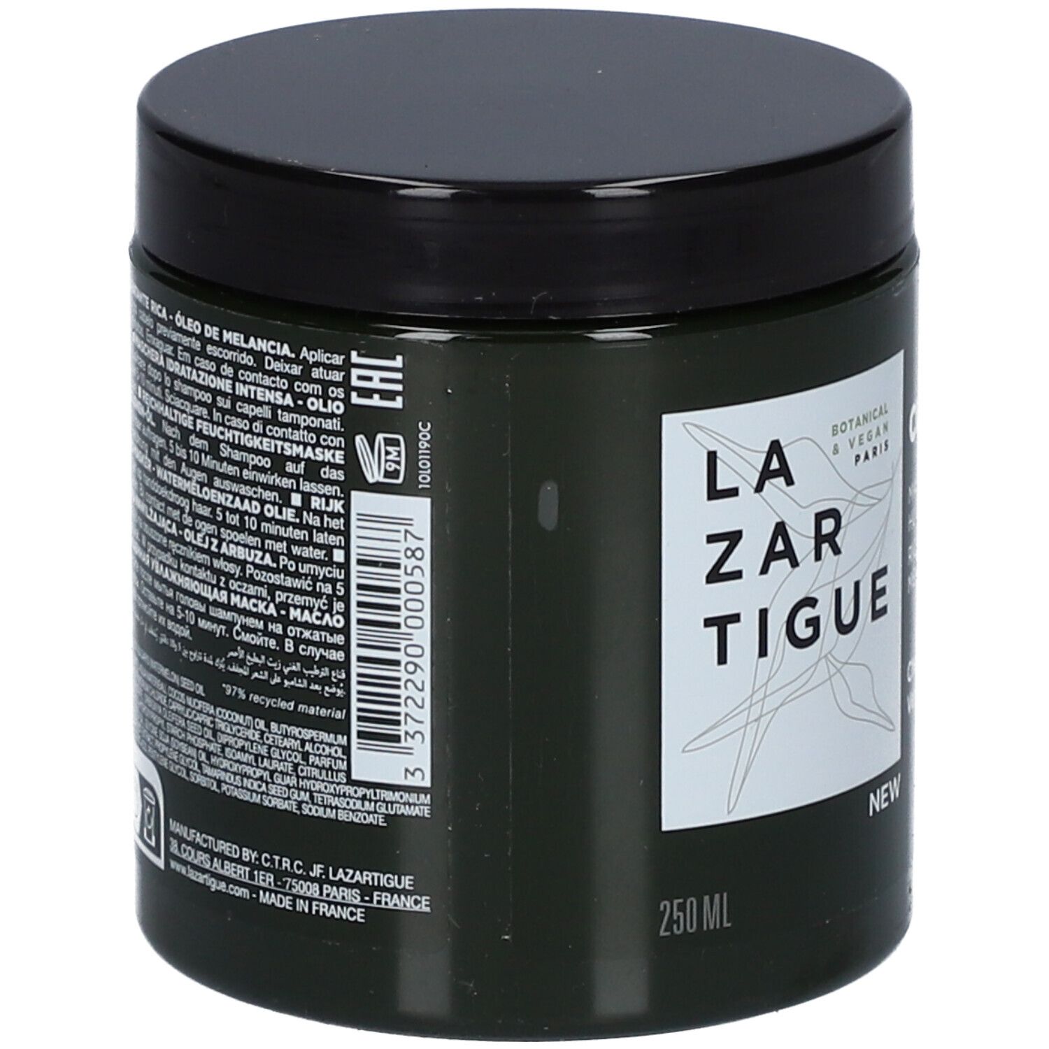 Dunkelgrüner Tiegel mit schwarzem Deckel. Aufkleber mit Text und Barcode. 250 ml. Hergestellt in Frankreich.