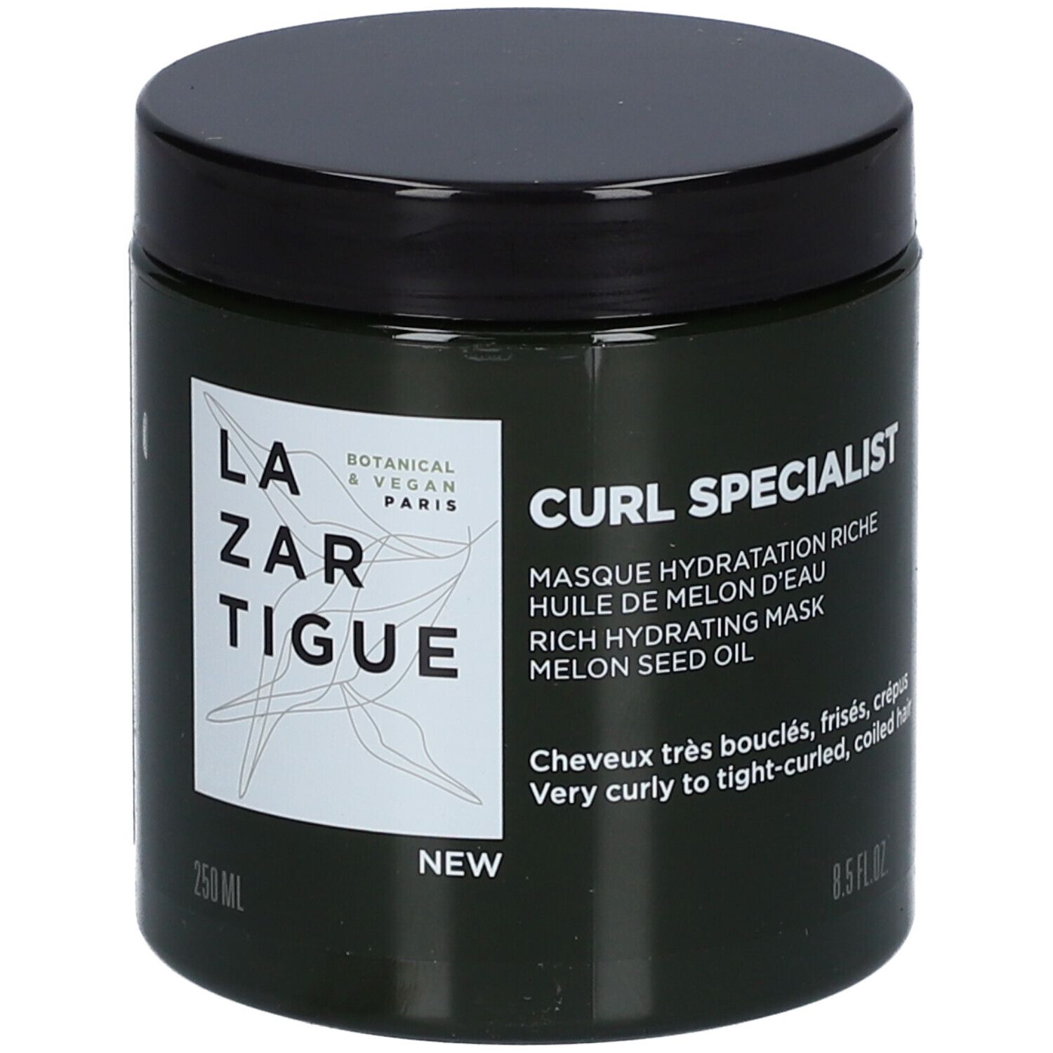 Dunkelgrüner Tiegel mit schwarzem Deckel. Aufkleber mit Text: CURL SPECIALIST, Rich Hydrating Mask. 250 ml.