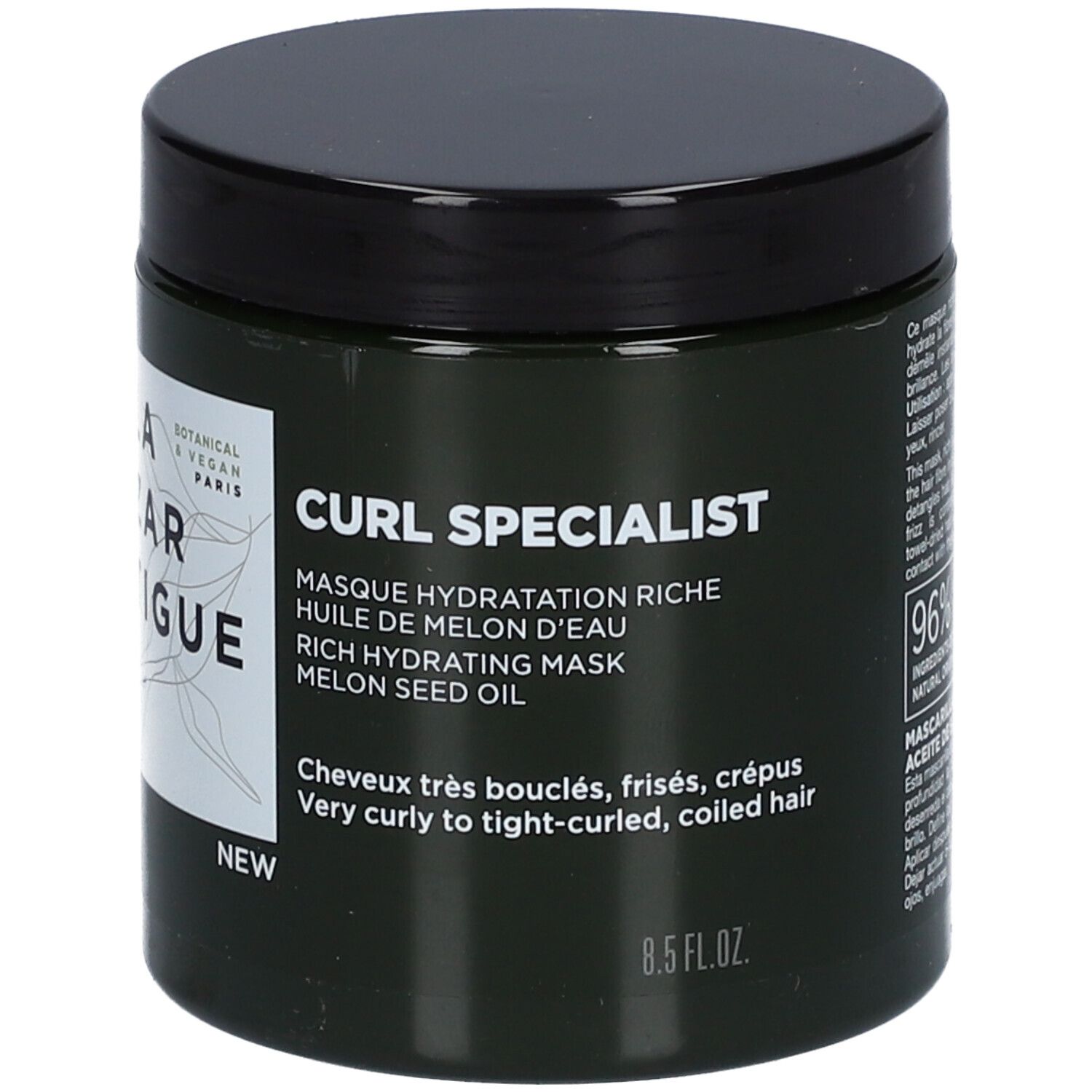 Dunkelgrüner Tiegel mit schwarzem Deckel. Aufkleber mit Text: CURL SPECIALIST, Rich Hydrating Mask. 8.5 FL.OZ.