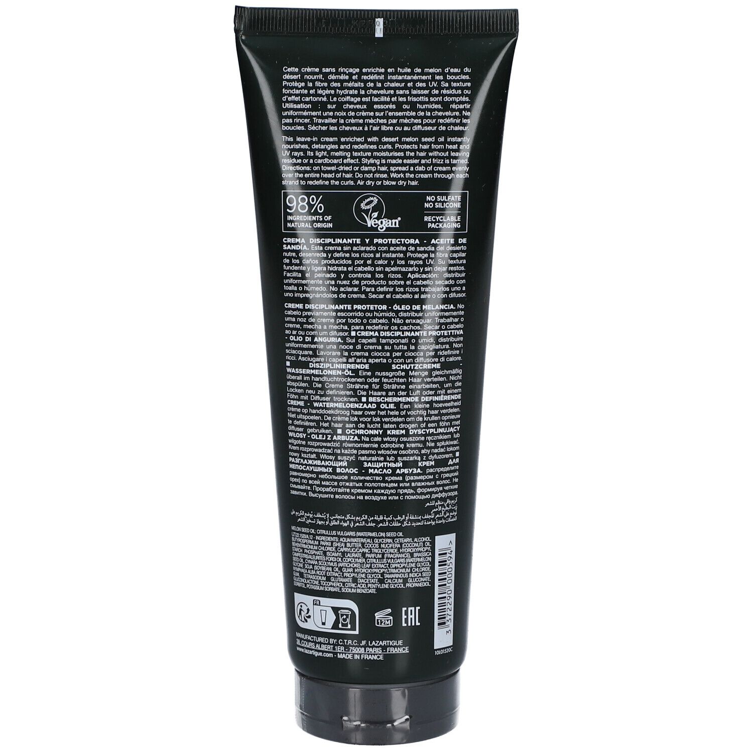 Rückseite einer schwarzen Tube. Text in mehreren Sprachen. Logo "Vegan". Text: "98% natürlichen Ursprungs".