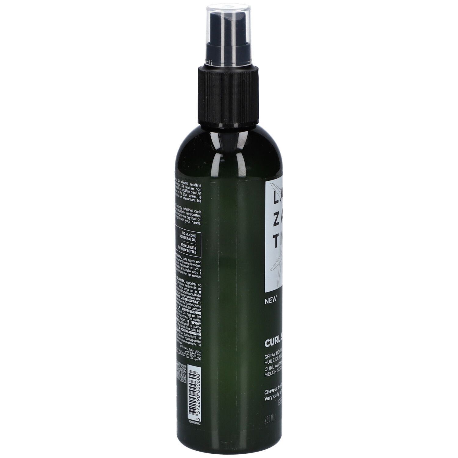 Flacon vert avec vaporisateur noir. Inscription: LAZARTIGUE, CURL SPECIALIST. Dos avec texte.