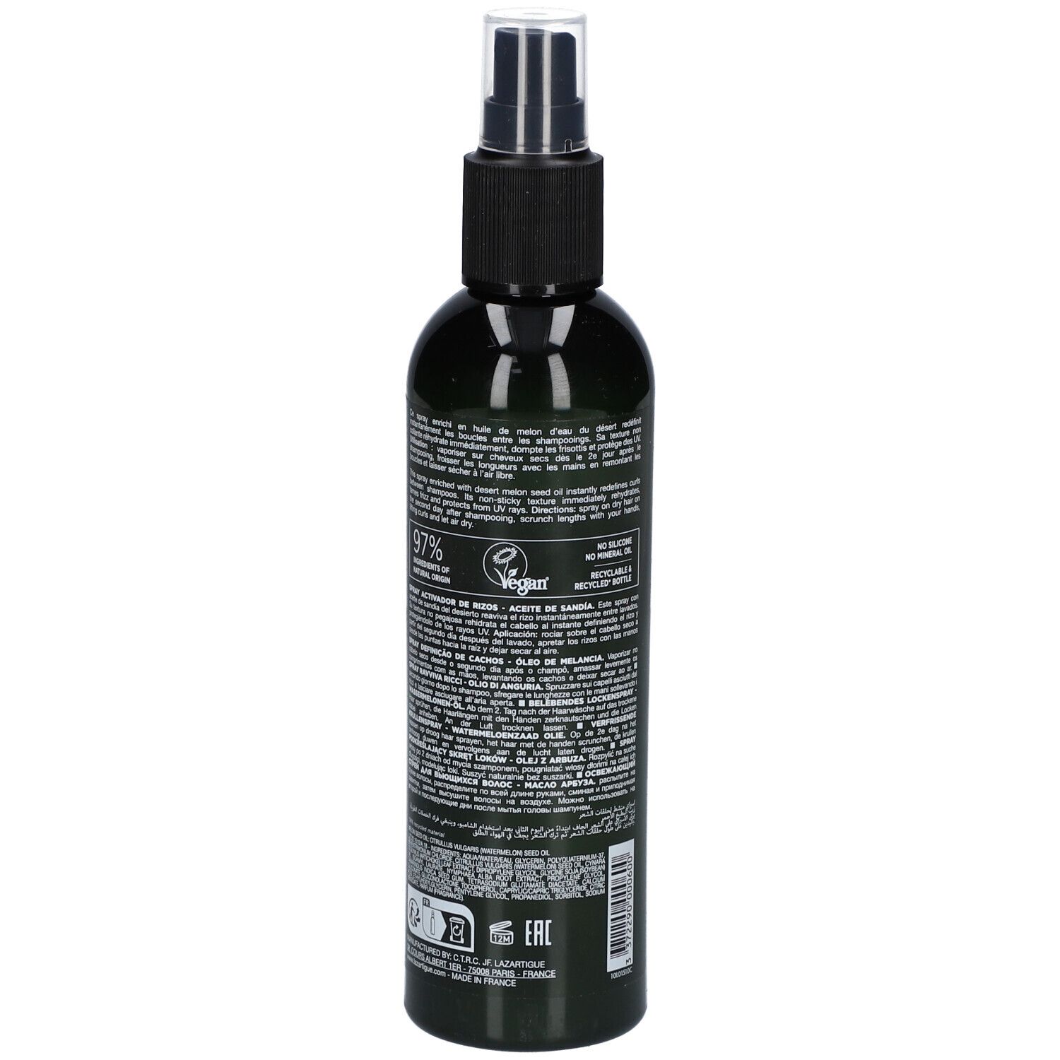 Flacon vert avec vaporisateur noir. Dos avec texte et logo Vegan. 97% ingrédients naturels.