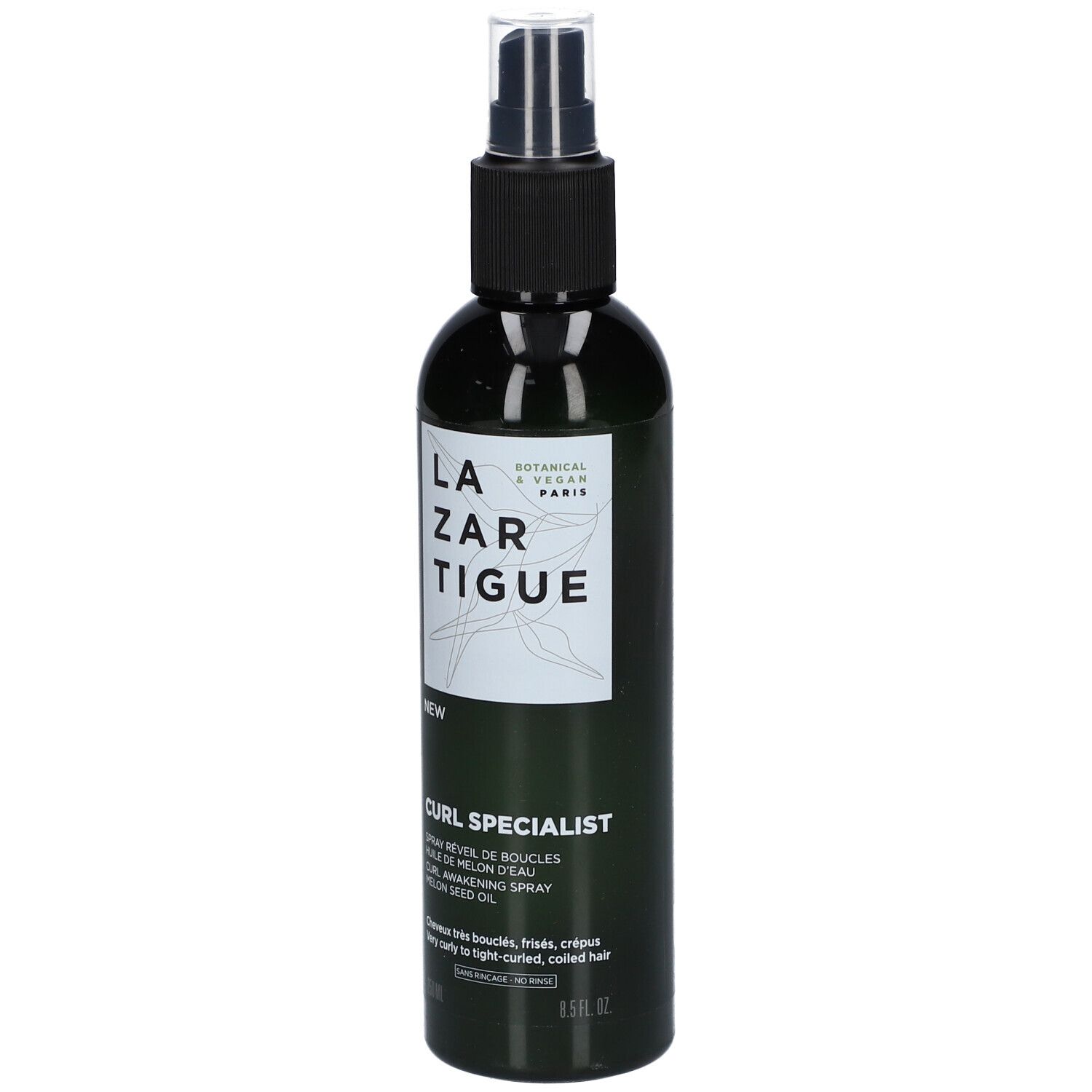 Flacon vert avec vaporisateur noir. Inscription: LAZARTIGUE, CURL SPECIALIST. Pour cheveux bouclés.