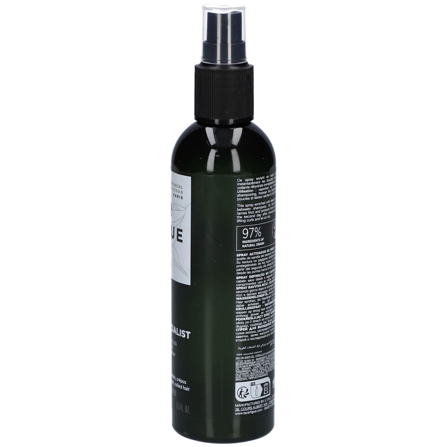 Flacon vert avec vaporisateur noir. Dos avec texte et logo Vegan. 97% ingrédients naturels.