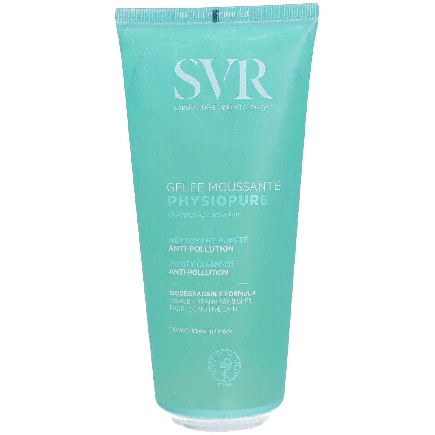 Türkisgrüne Tube mit weißer Schrift. Oben steht SVR, darunter Gelee Moussante Physiopure. 200ml.