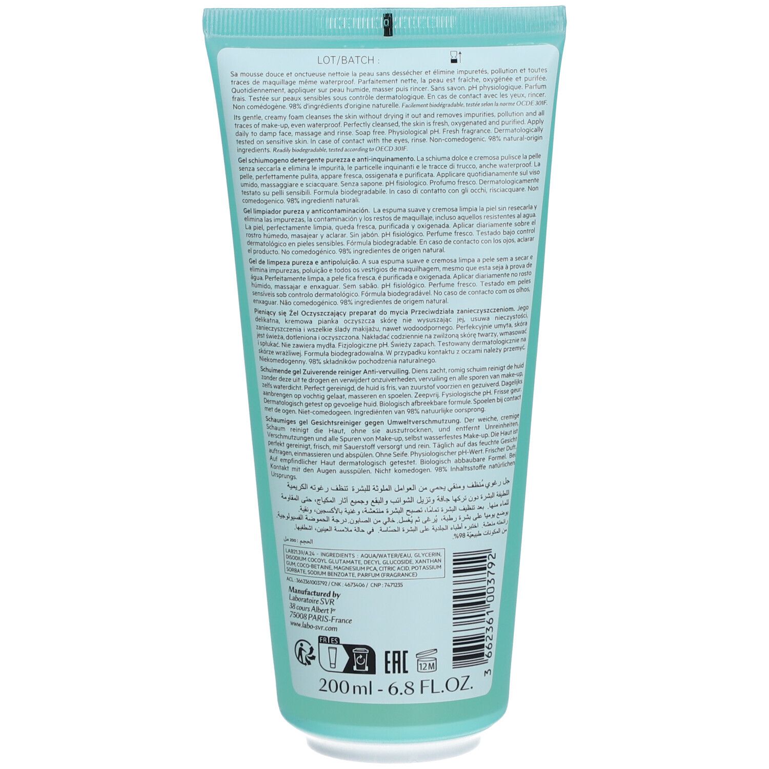 Rückseite einer türkisfarbenen Tube. Text in mehreren Sprachen. Unten 200ml und 6.8 FL.OZ. Barcode.