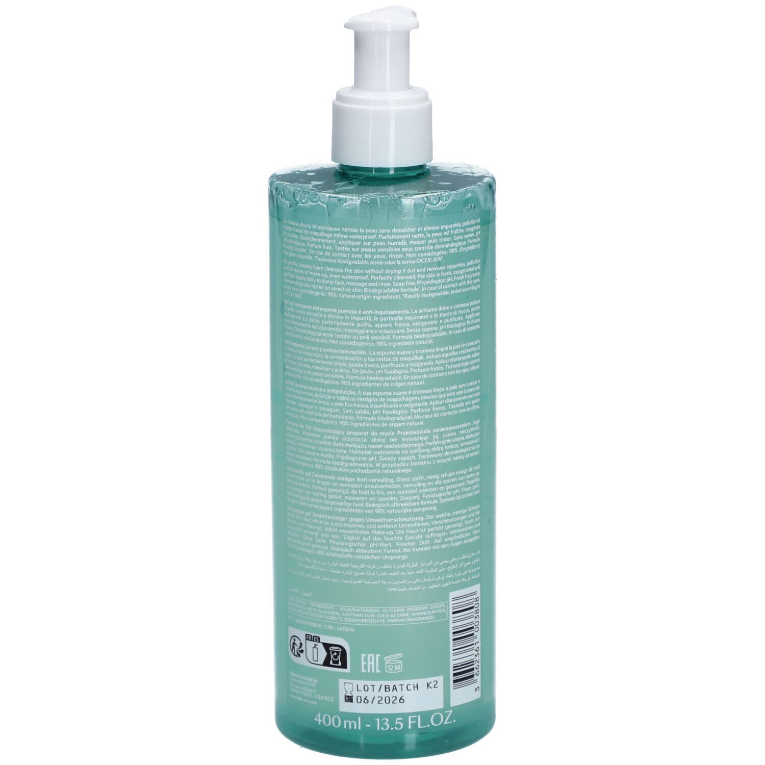 Durchsichtige Flasche mit weißem Pumpspender, gefüllt mit hellgrüner Flüssigkeit. Etikett mit Produktinformationen und Volumenangabe 400ml.
