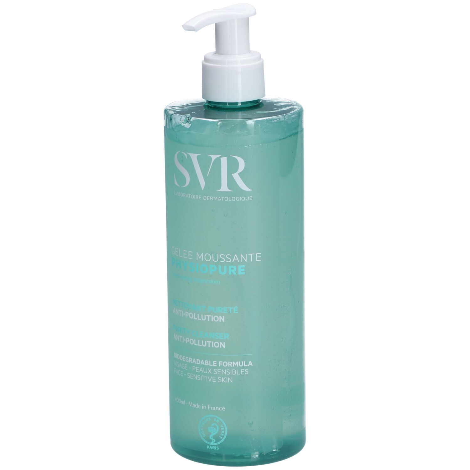 SVR Gelee Moussante, 400ml Flasche mit Pumpspender. Transparente Flüssigkeit, Etikett mit 'Anti-Pollution'.